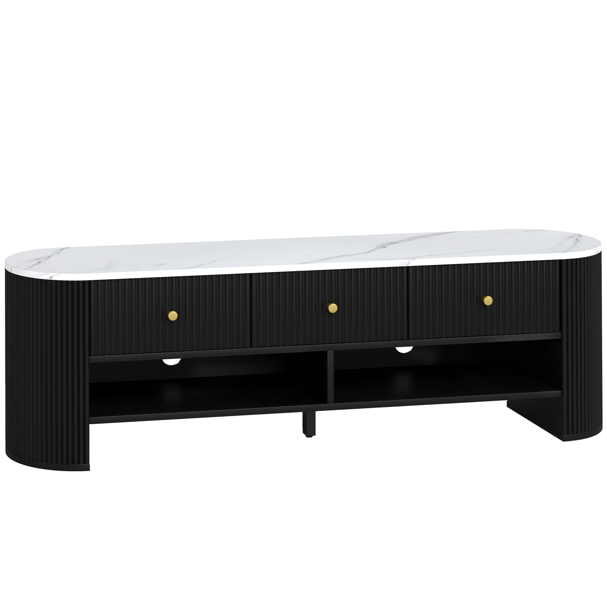 HOMCOM Meuble TV 140 cm, meuble télé pour téléviseur 65 pouces effet marbre avec 3 tiroirs façades à cannelures 2 étagères noir