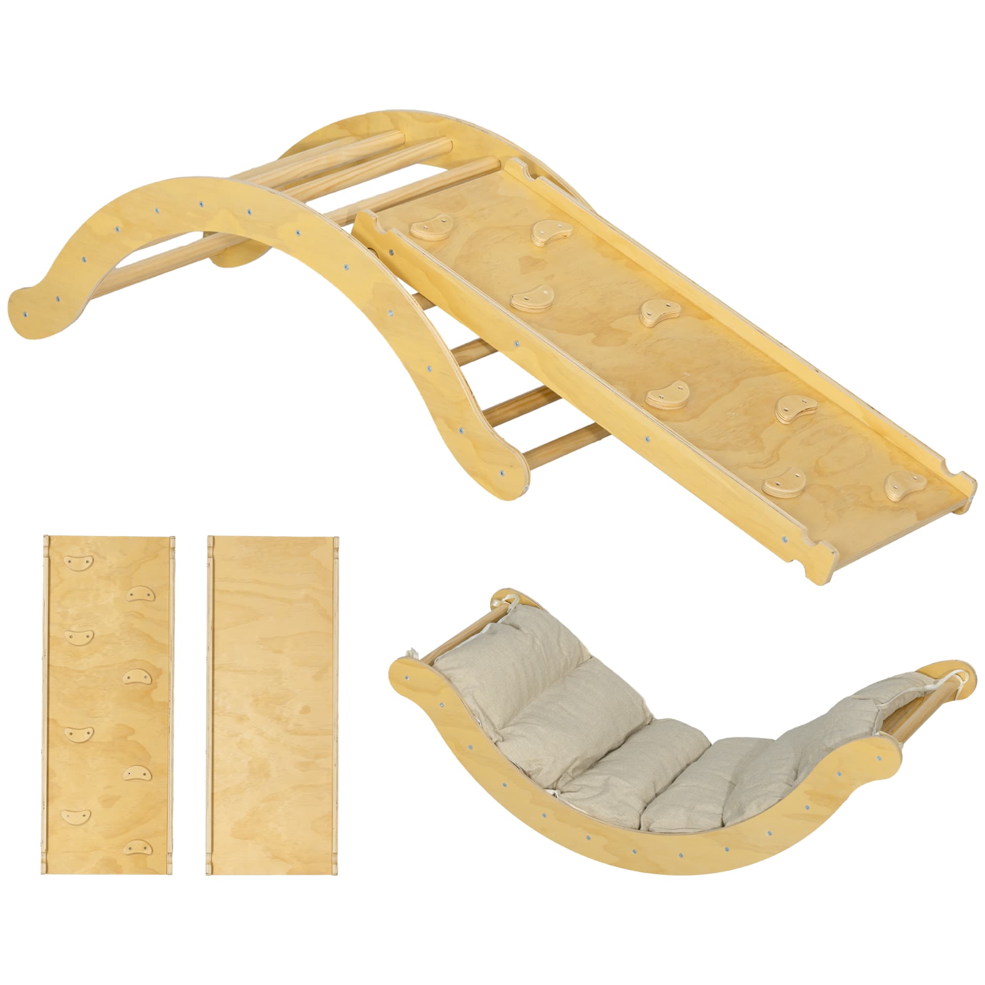 AIYAPLAY 4 en 1 Arche escalade enfants, chaise à bascule, rampe d'escalade double face et coussin, 168x49,5x39,5cm, bois naturel