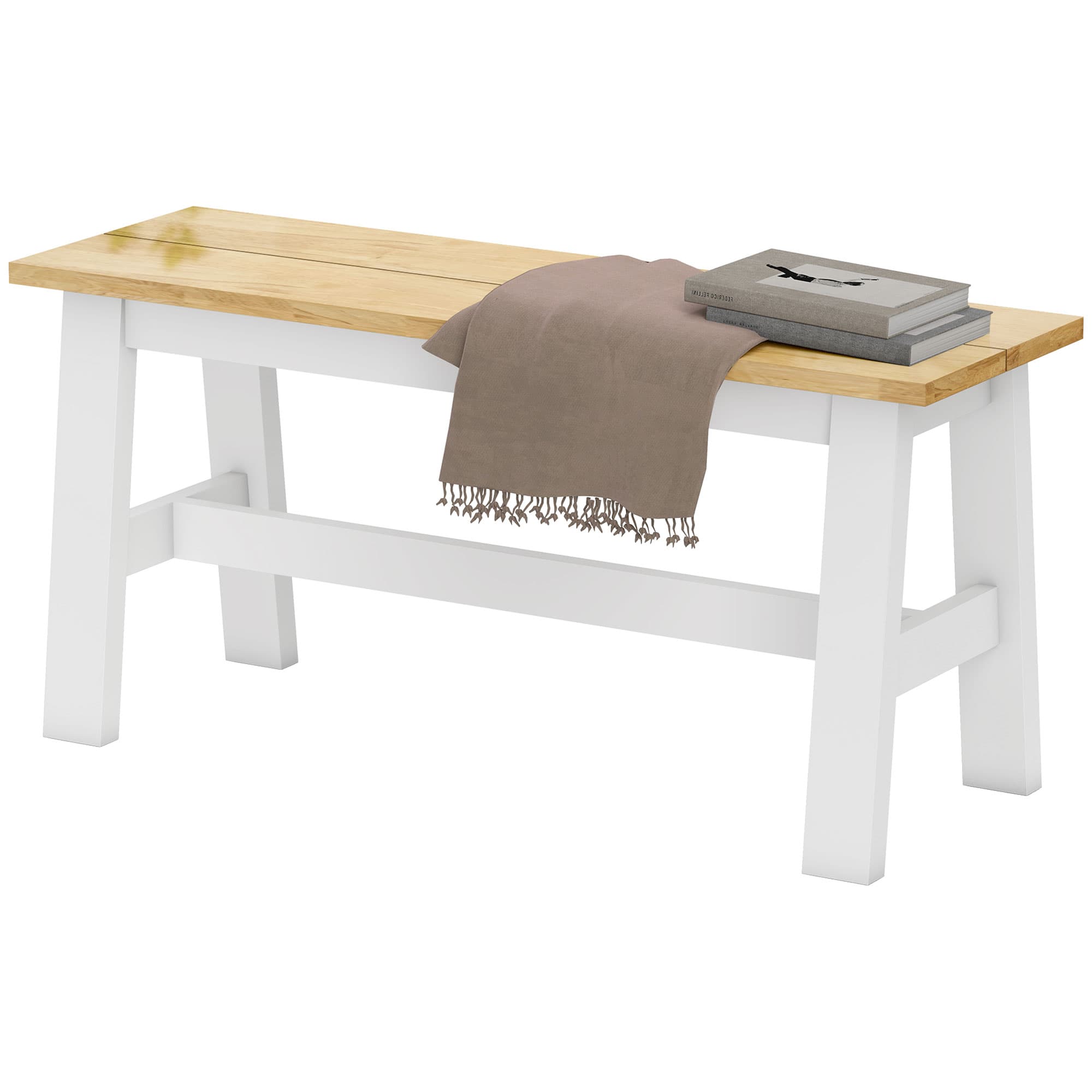 HOMCOM Banc pour 2 personnes, Banc en bois imitation chêne, barre transversale stabilisatrice, pour salon, salle à manger, couloir, bois d'hévéa, blanc