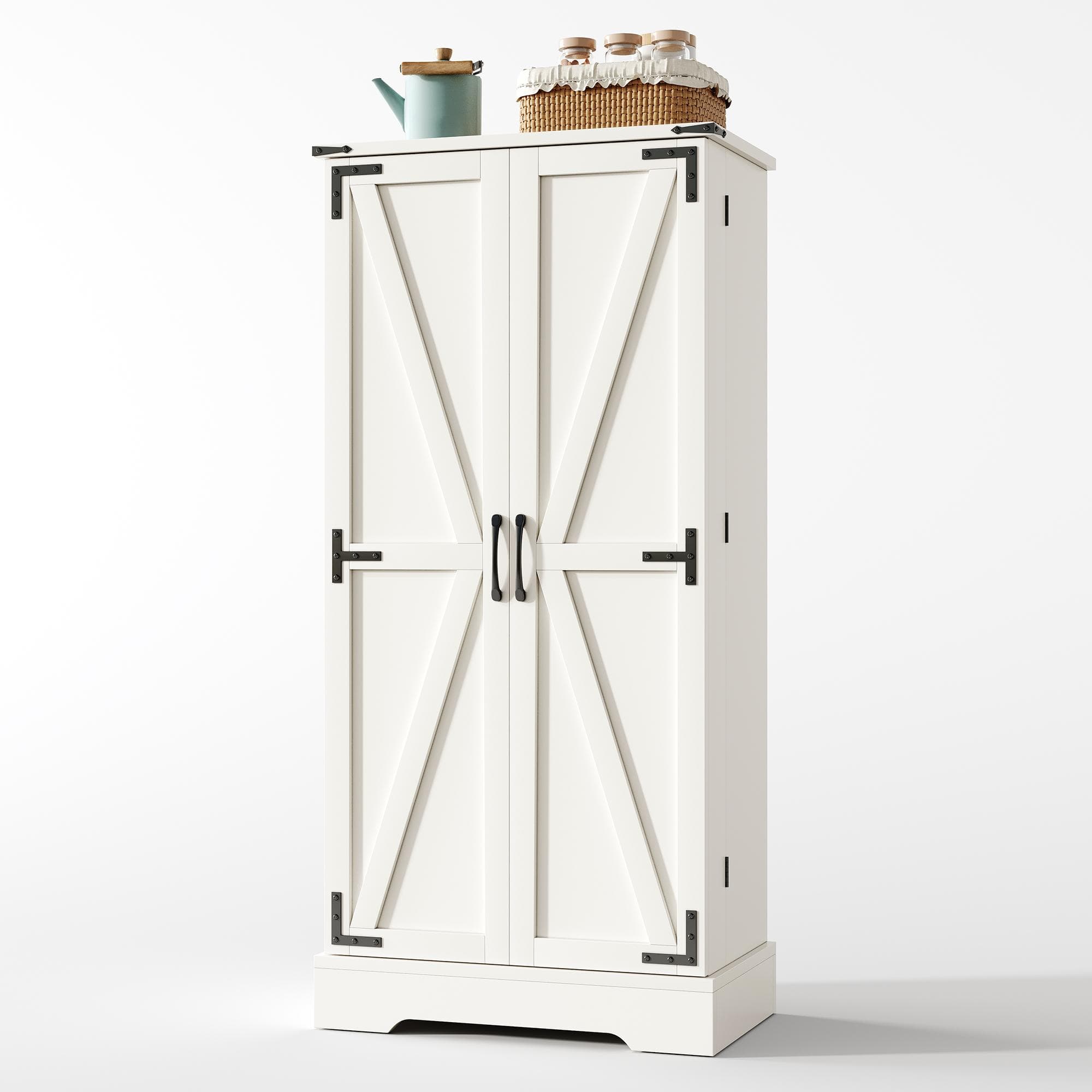 Armoire de cuisine style maison de campagne, éclairage LED, étagères réglables, 60x35x128,5 cm, Blanc