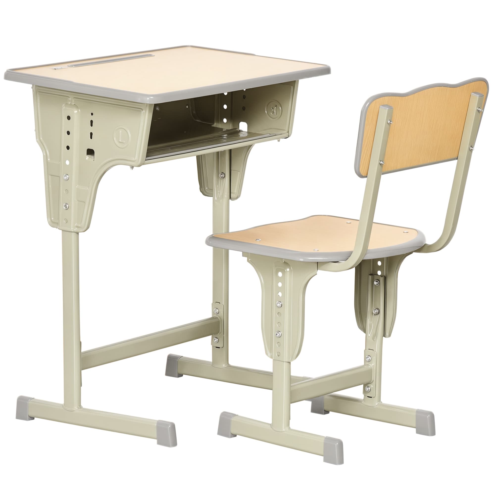 HOMCOM Bureau enfant Vintage style pupitre d'écolier kaki bois clair
