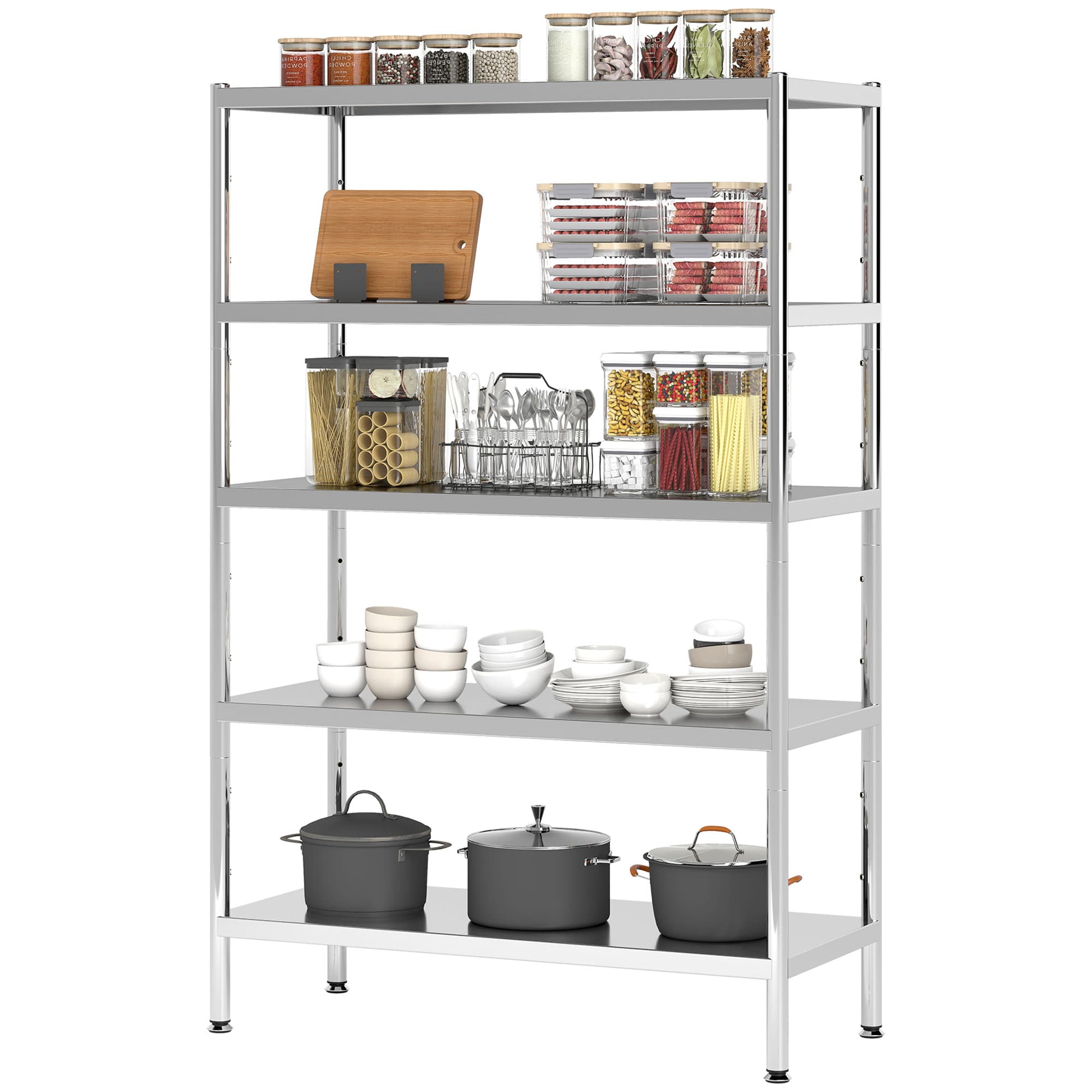 HOMCOM Étagère de Cuisine à 5 Niveaux Réglables sur 13 Hauteurs Différentes, en Acier Inoxydable, 91x40x139 cm, Argent