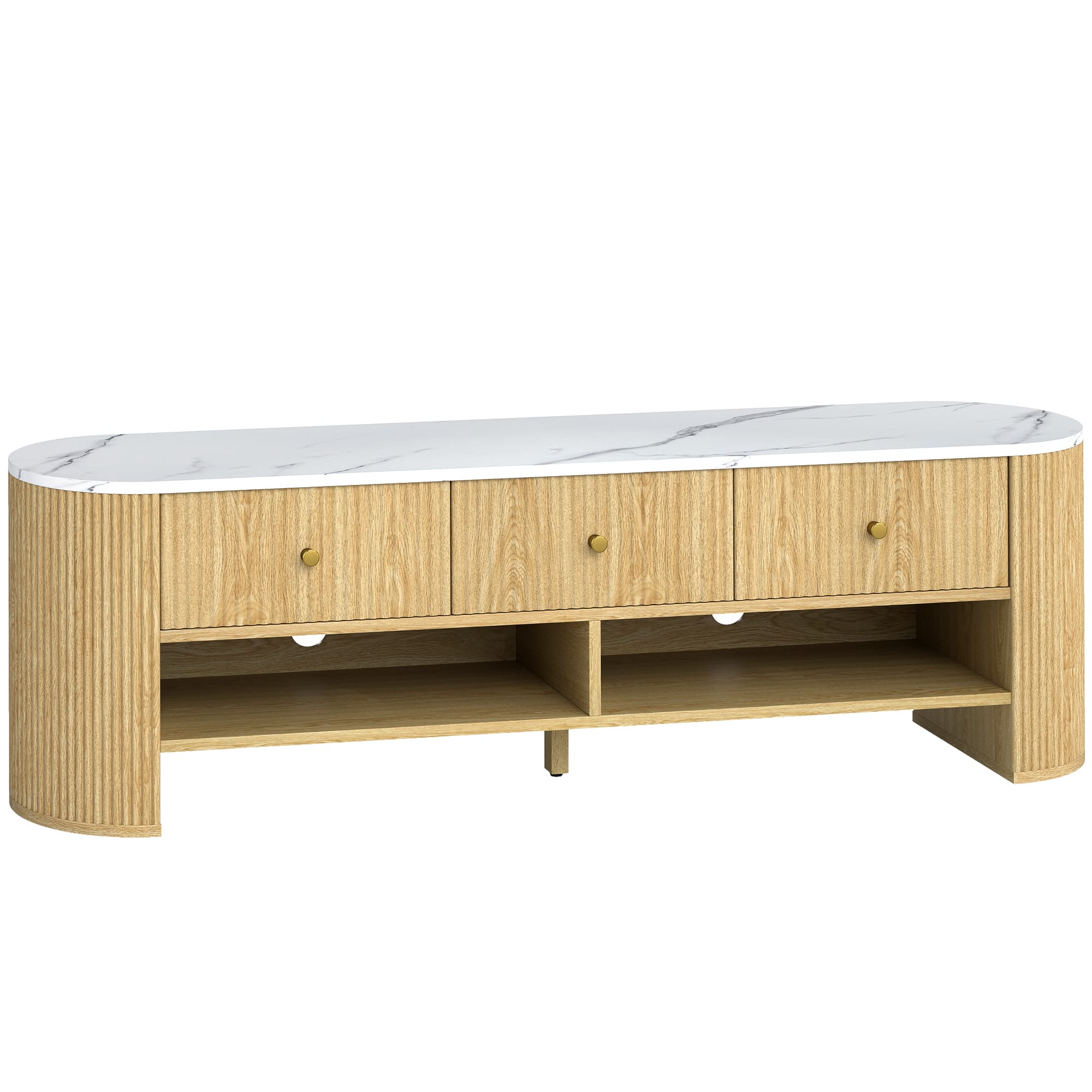 HOMCOM Meuble TV 140 cm, meuble télé pour téléviseur 65 pouces effet marbre 3 tiroirs façades à cannelures effet bois naturel