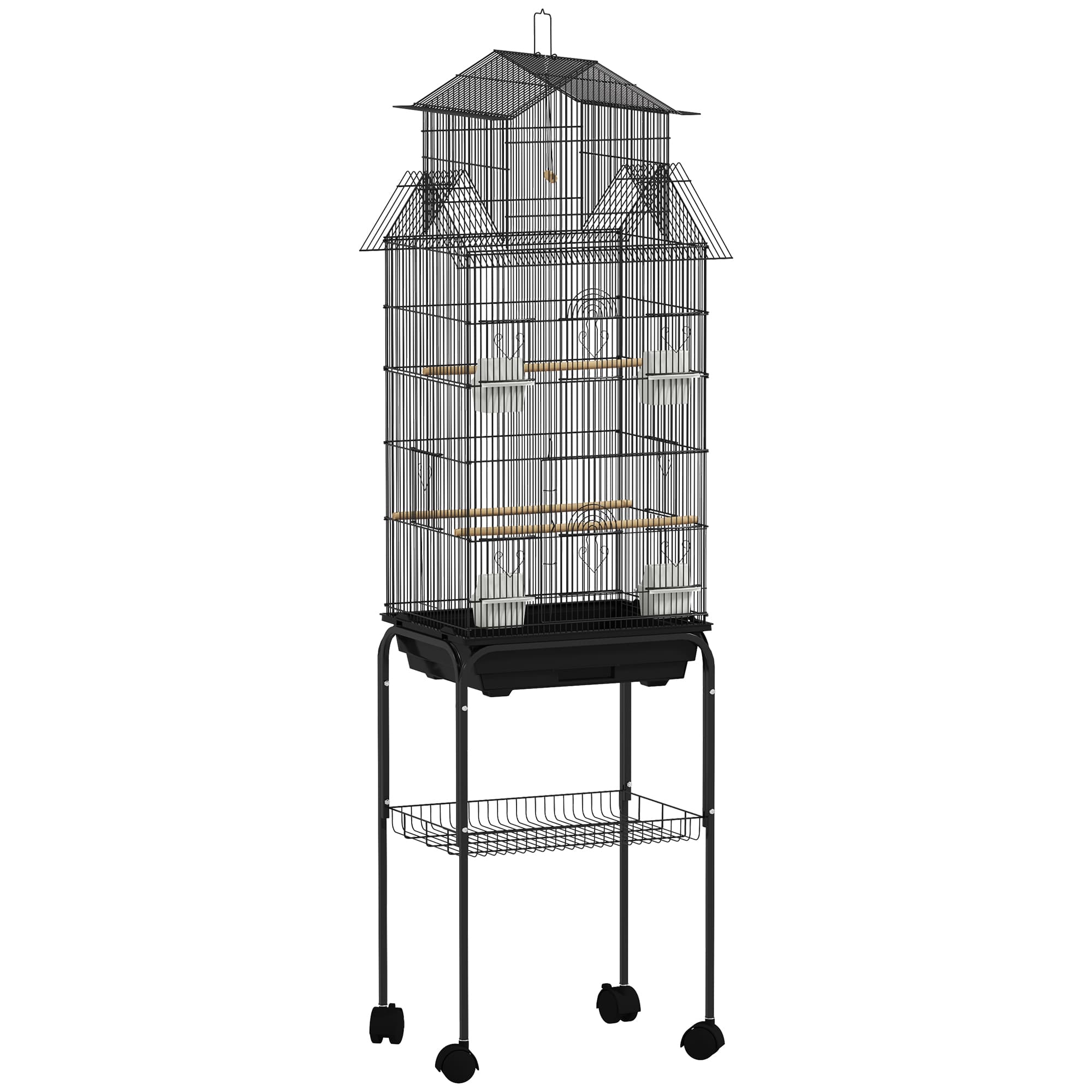 PawHut Cage à oiseaux design maison mangeoires perchoirs portes plateau excrément amovible poignée transport 50,5x41x163cm noir