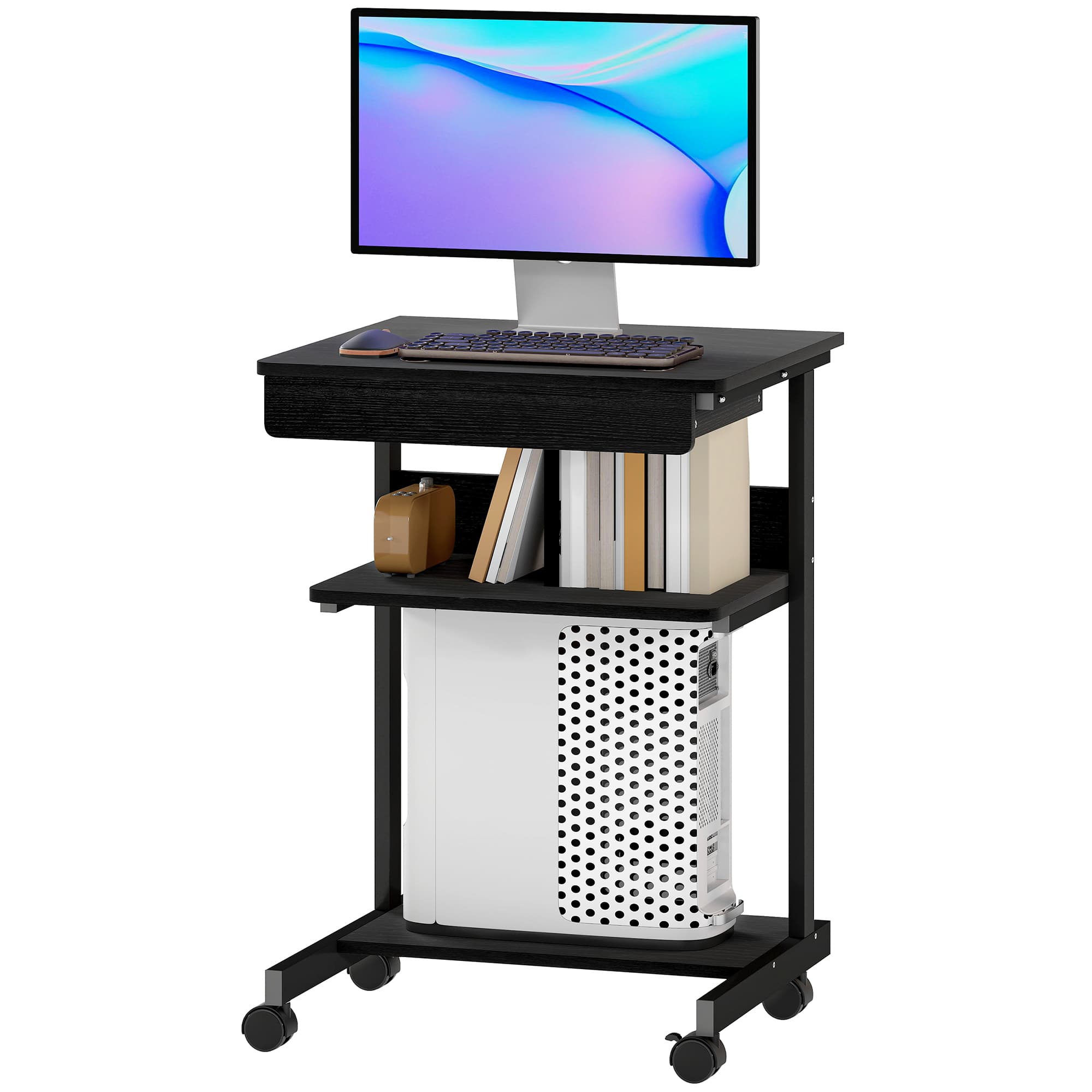 HOMCOM Bureau PC avec Tiroir Coulissant, 2 Étagères et 4 Roulettes, en Bois et Métal, 56x51x79 cm, Noir