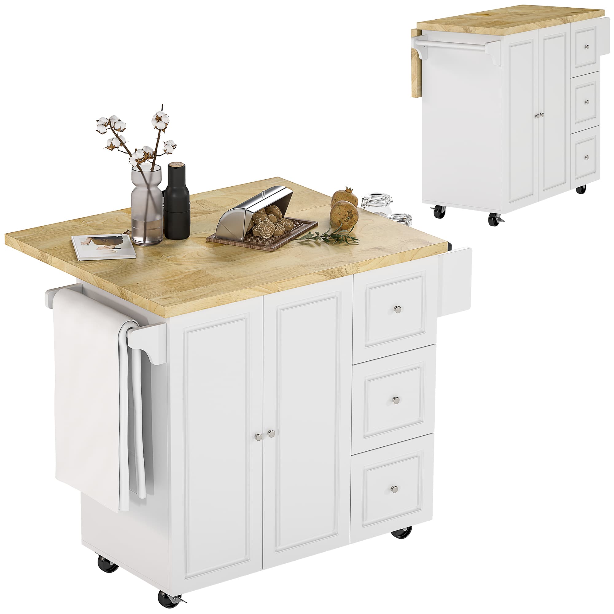 HOMCOM Dessert îlot de cuisineplateau rabattable 3 tiroirs 1 placard porte-torchons et porte-épices 111,5 x 45-75 x 89 cm blanc