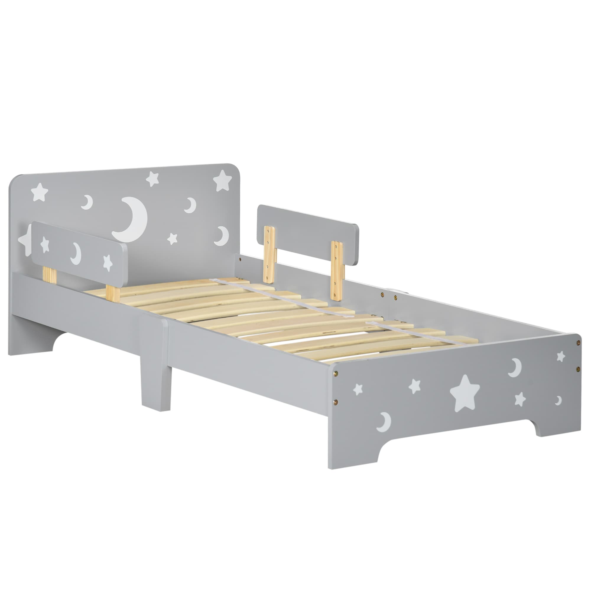ZONEKIZ Lit pour enfants de 3 à 6 ans design étoiles et lune sommier à lattes inclus chambre moderne 143 x 76 x 49 cm gris