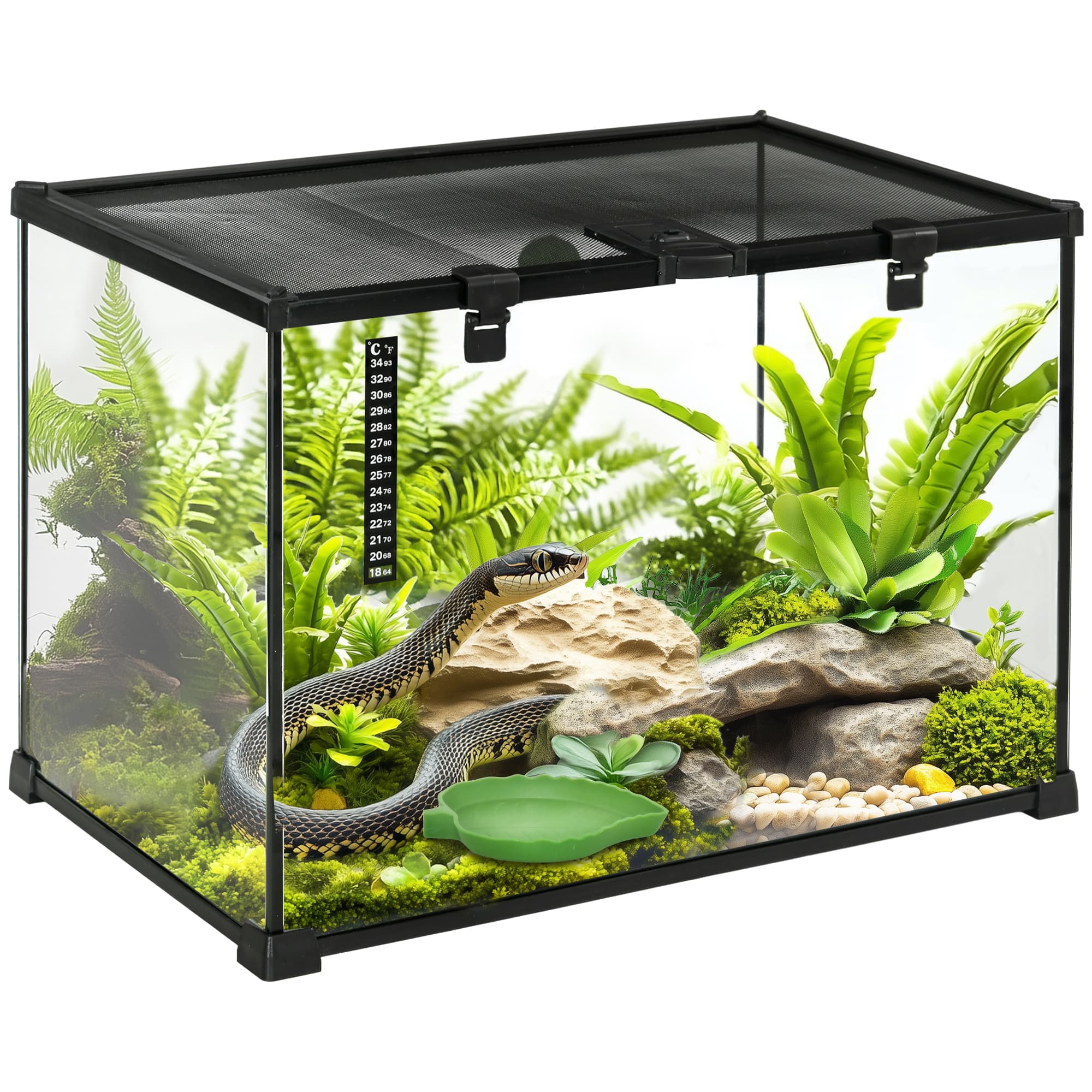 PawHut Terrarium Reptiles avec Couvercle Coulissant, Treillis Métallique et Thermomètre Aosom France