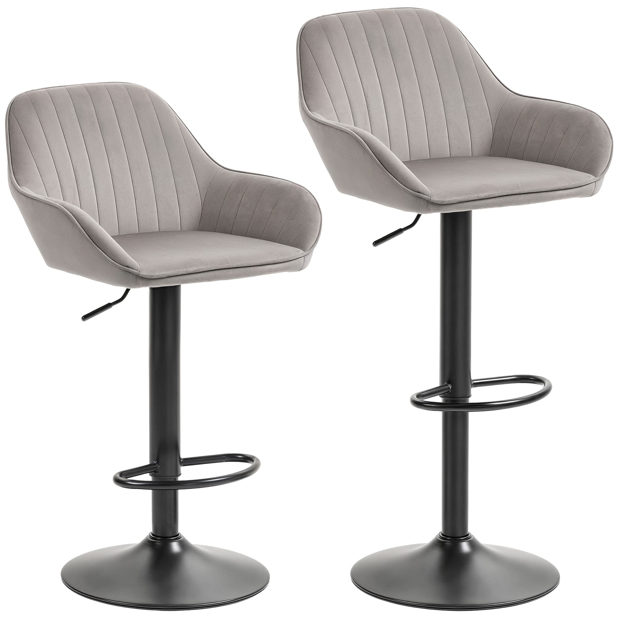 HOMCOM Lot de 2 tabourets de bar, chaises de bar en velours avec dossier, repose-pieds, hauteur réglable et pivotante gris
