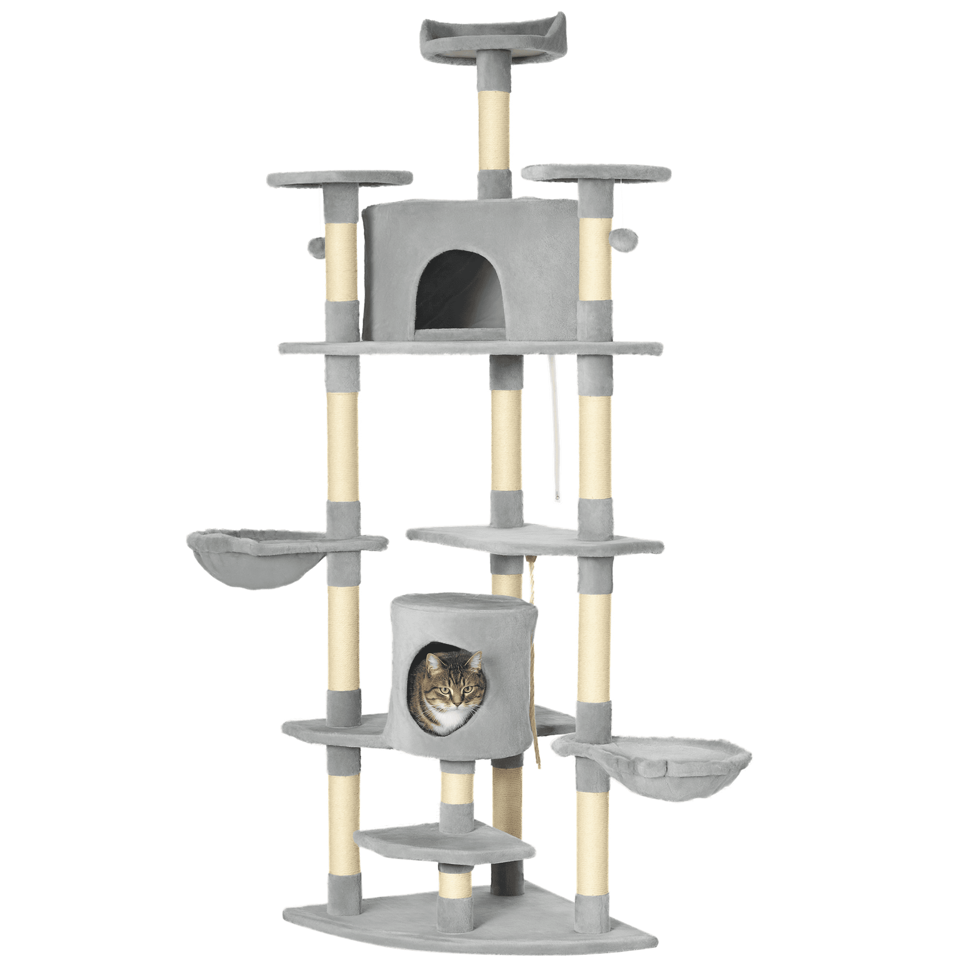 PawHut Arbre à chat XXL arbre à grimper pour chat multi-équipements griffoirs 6 plate-formes 2 niches hauteur 200 cm gris