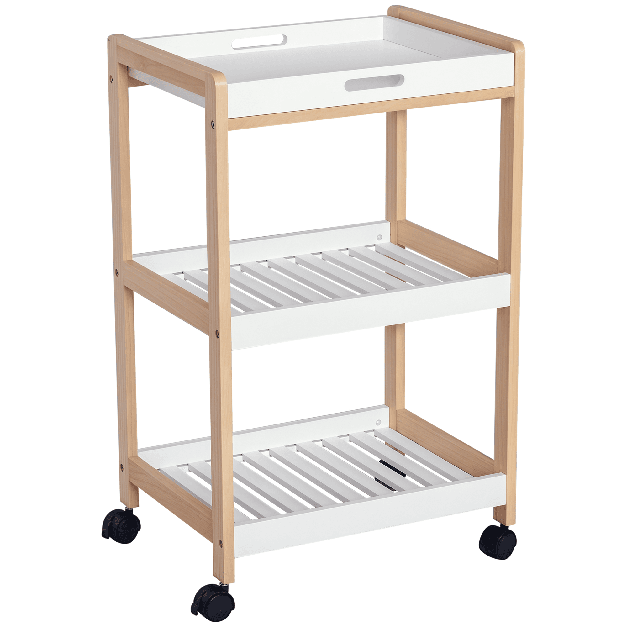 HOMCOM Desserte de cuisine Chariot de service à roulettes 2 étagères + plateau amovible bois de pin MDF blanc