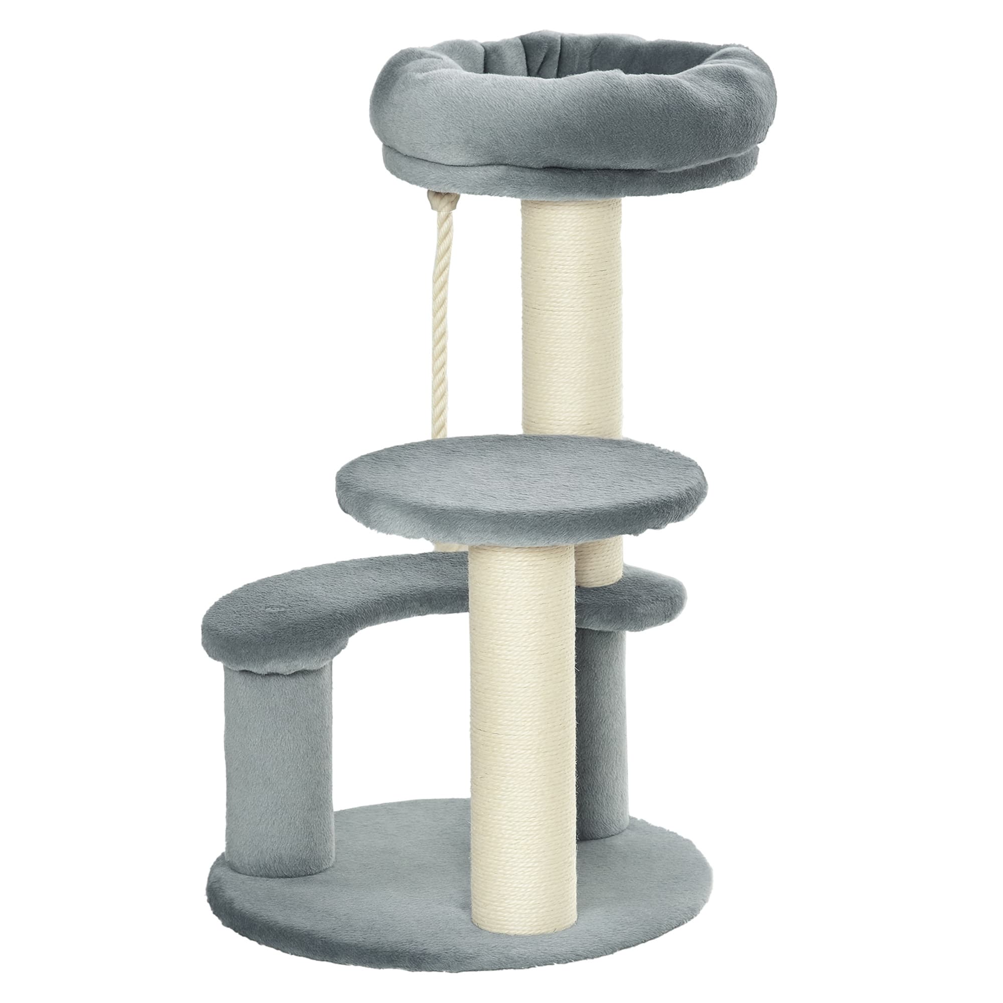 PawHut Arbre à Griffes Sisal Naturel 3 Niveaux avec Corde à Grimper et Peluche Haute Densité Gris Aosom France