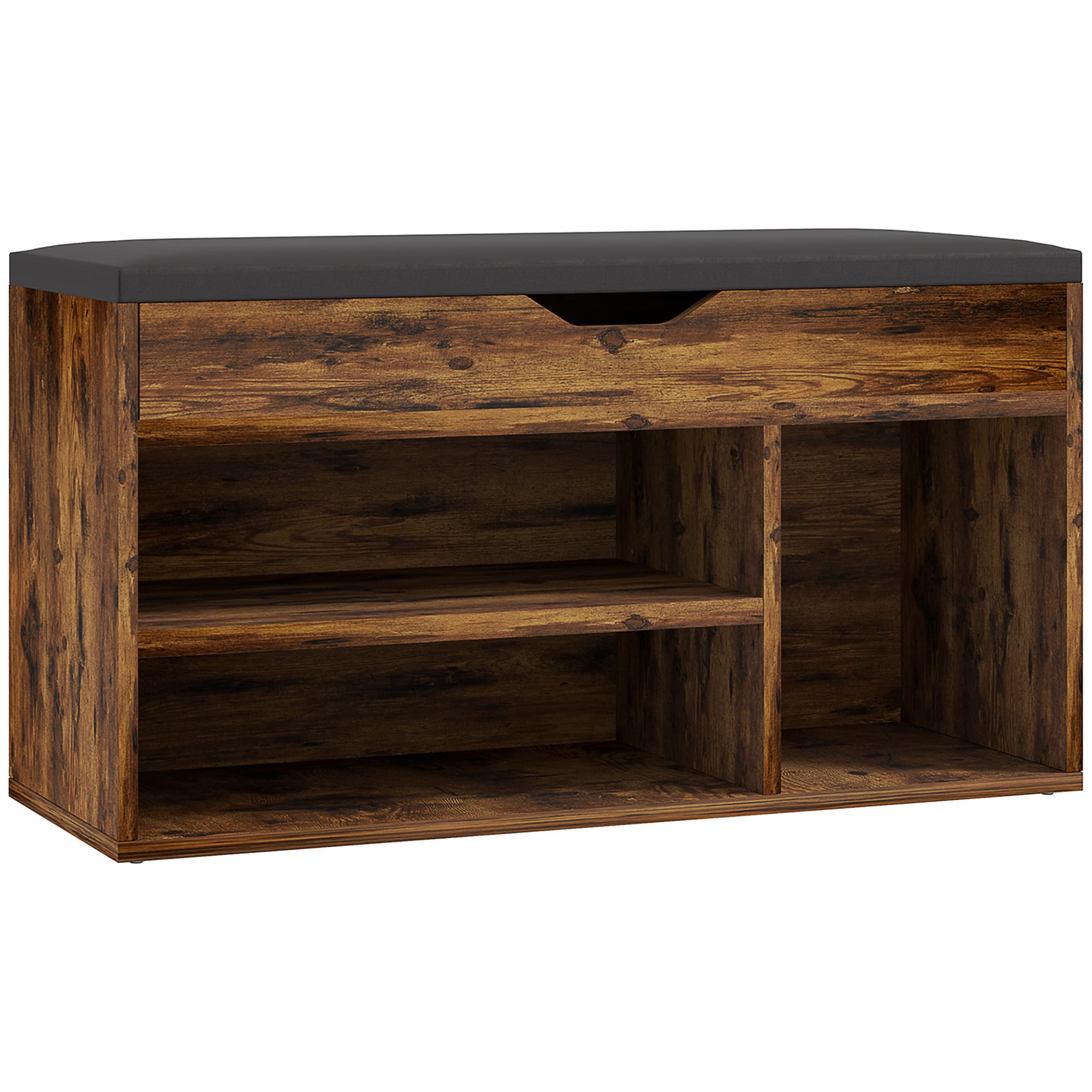 HOMCOM Meuble Chaussures Banc à Chaussures 2 Niveaux Rangement, Niche + Coffre intégré avec Coussin Effet bois d'acajou