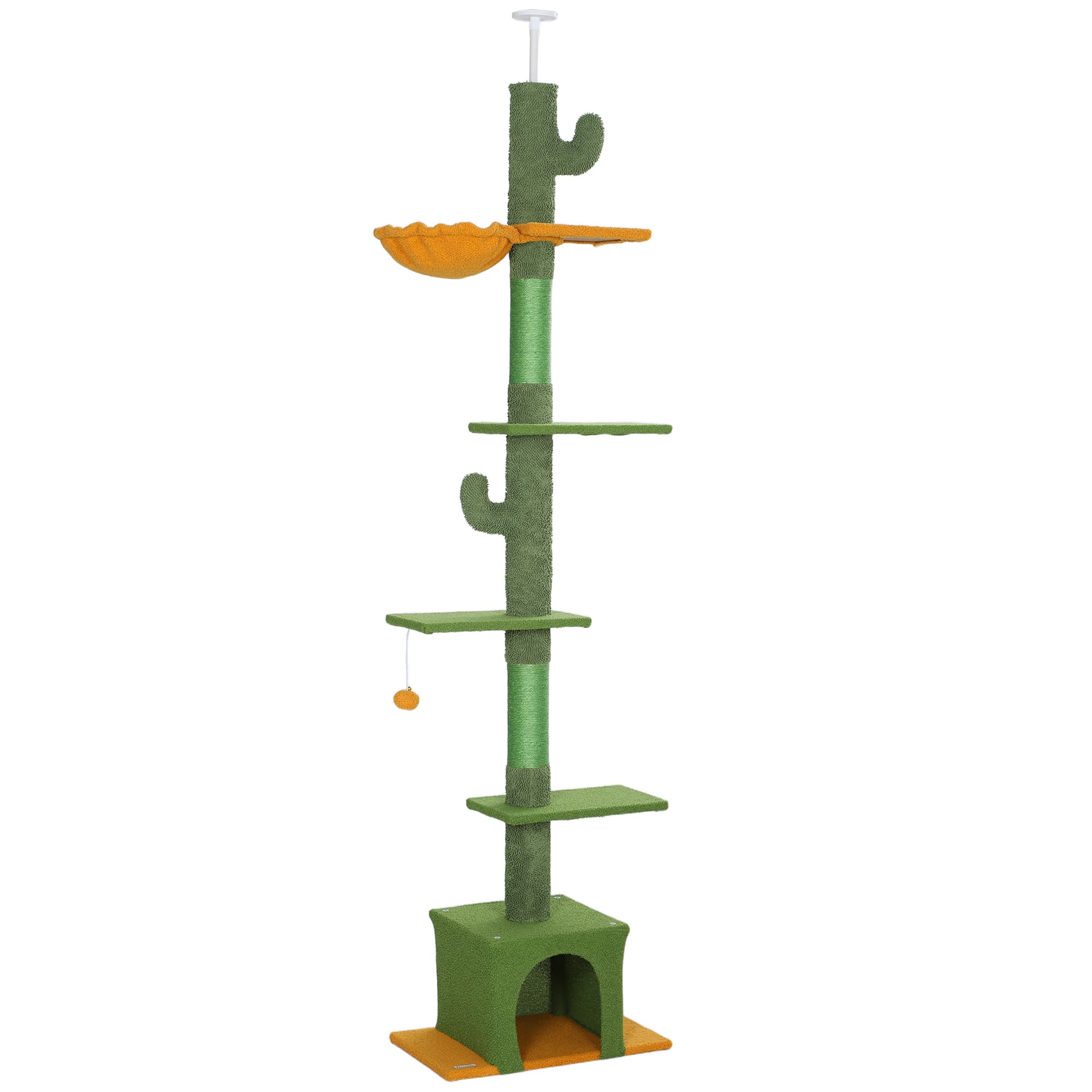 PawHut Arbre à chat, hauteur 275cm, 6 niveaux pour chat d'intérieur, du sol au plafond, avec plate-formes, niche, hamac, vert