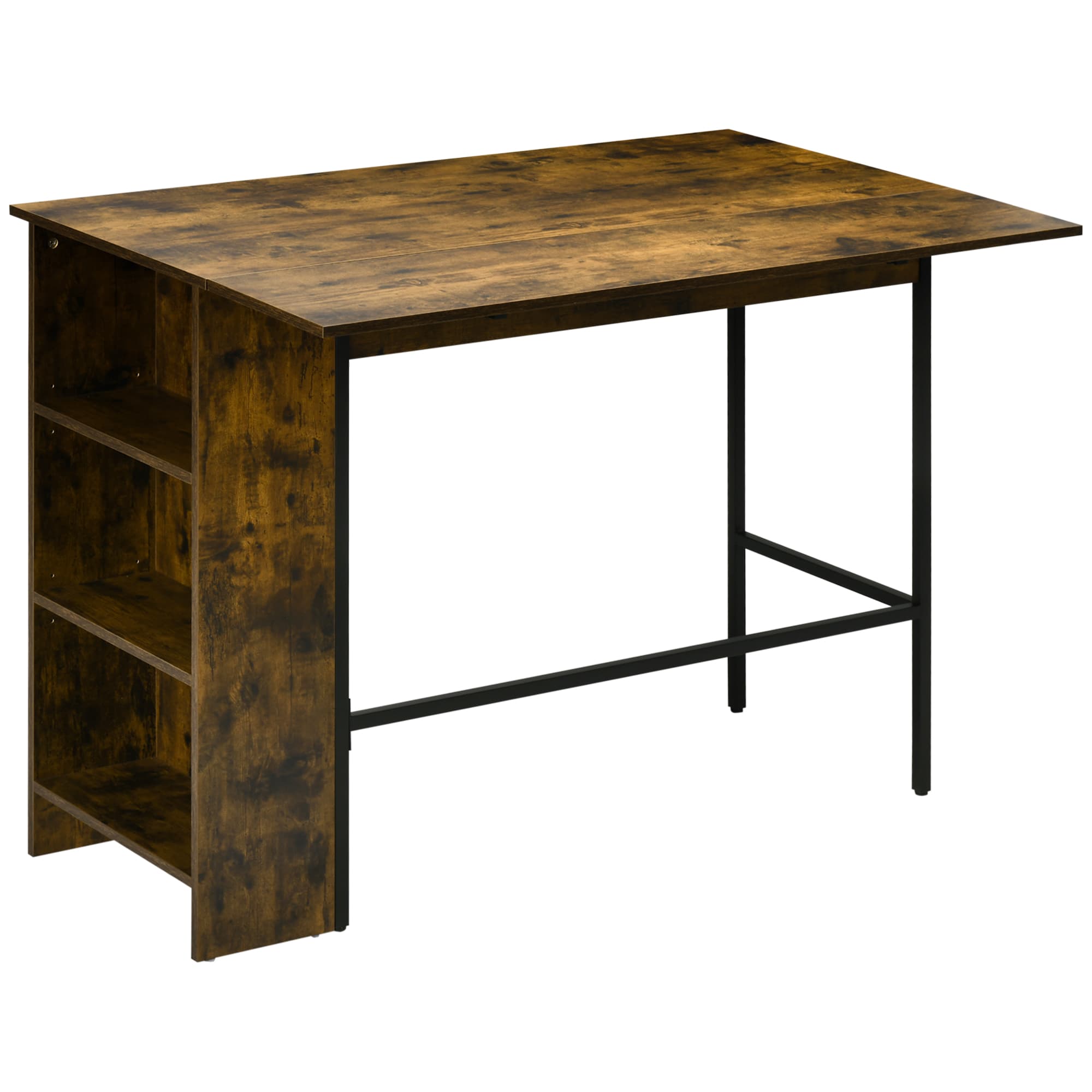 HOMCOM Ilot centra table de bar plateau latéral rabattable et 3 étagères 120 x 76 x 91,4 cm Brun Rustique