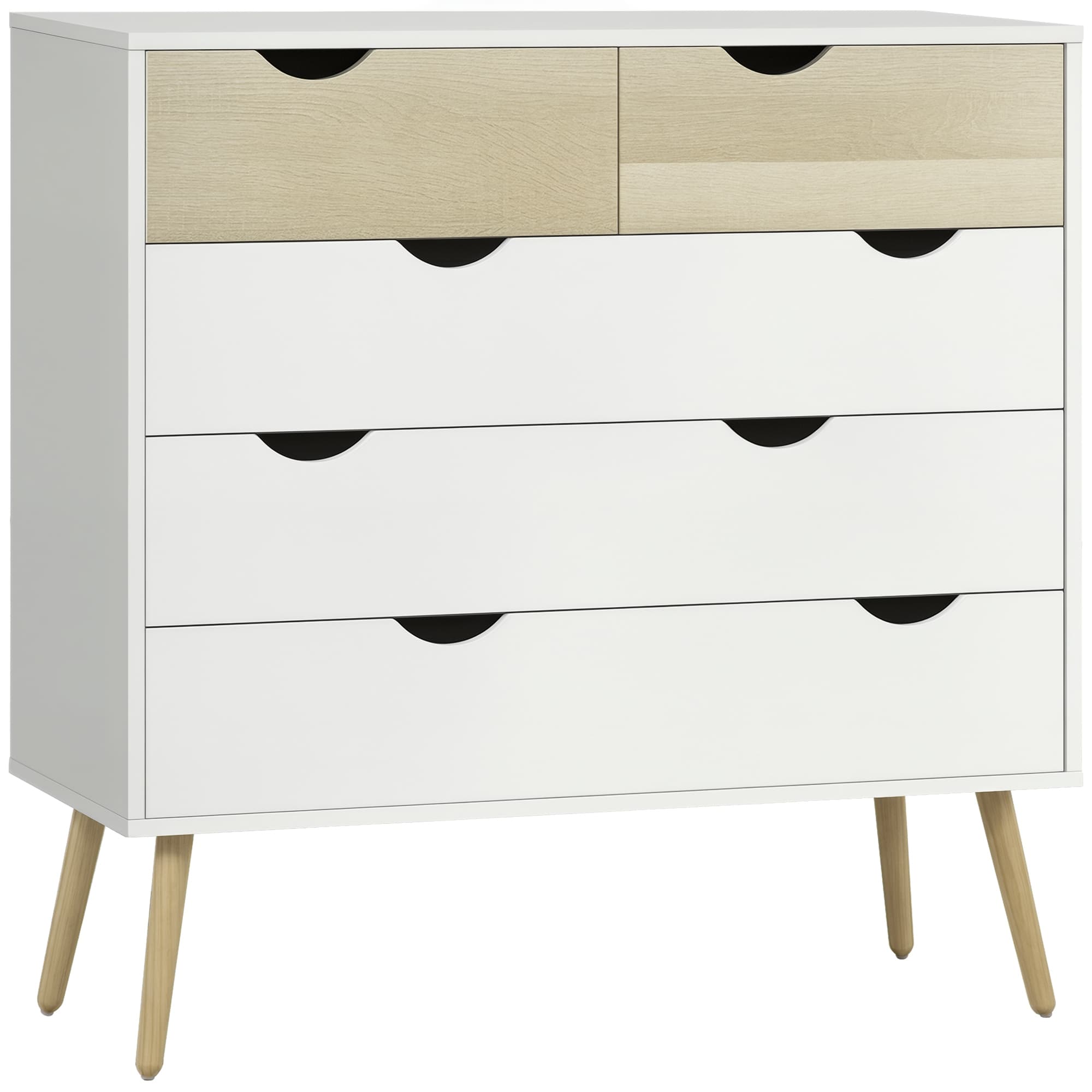 HOMCOM Commode 5 Tiroirs Style Scandinave, Rangement Blanc et Chêne Clair Élégant Aosom France
