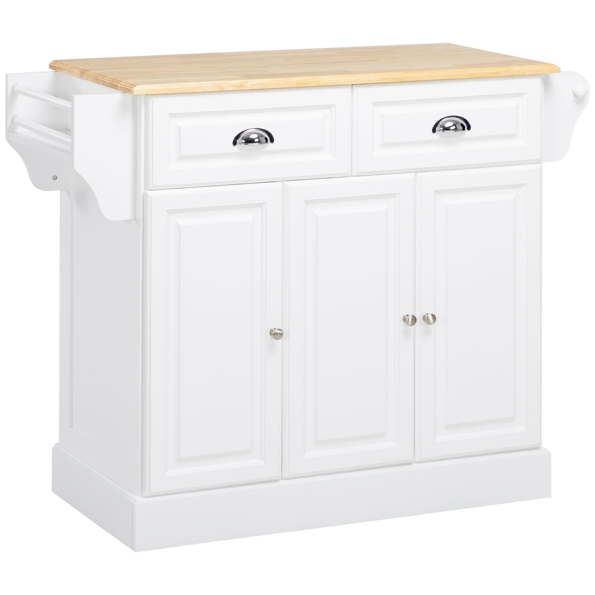 HOMCOM Chariot de cuisine sur roulettes Ilot de cuisine avec 2 tiroirs Porte-épices et porte-torchons 110x45x91 cm Blanc