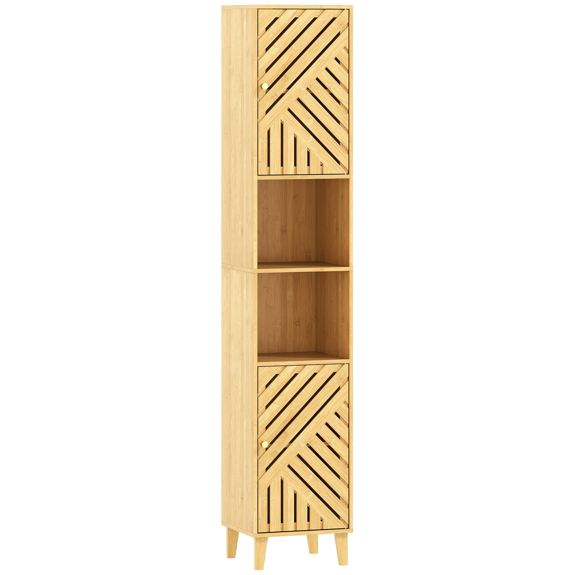 HOMCOM Armoire salle de bain, meuble de rangement colonne, portes en bambou, étagères réglables, 32x30x170cm, bois naturel