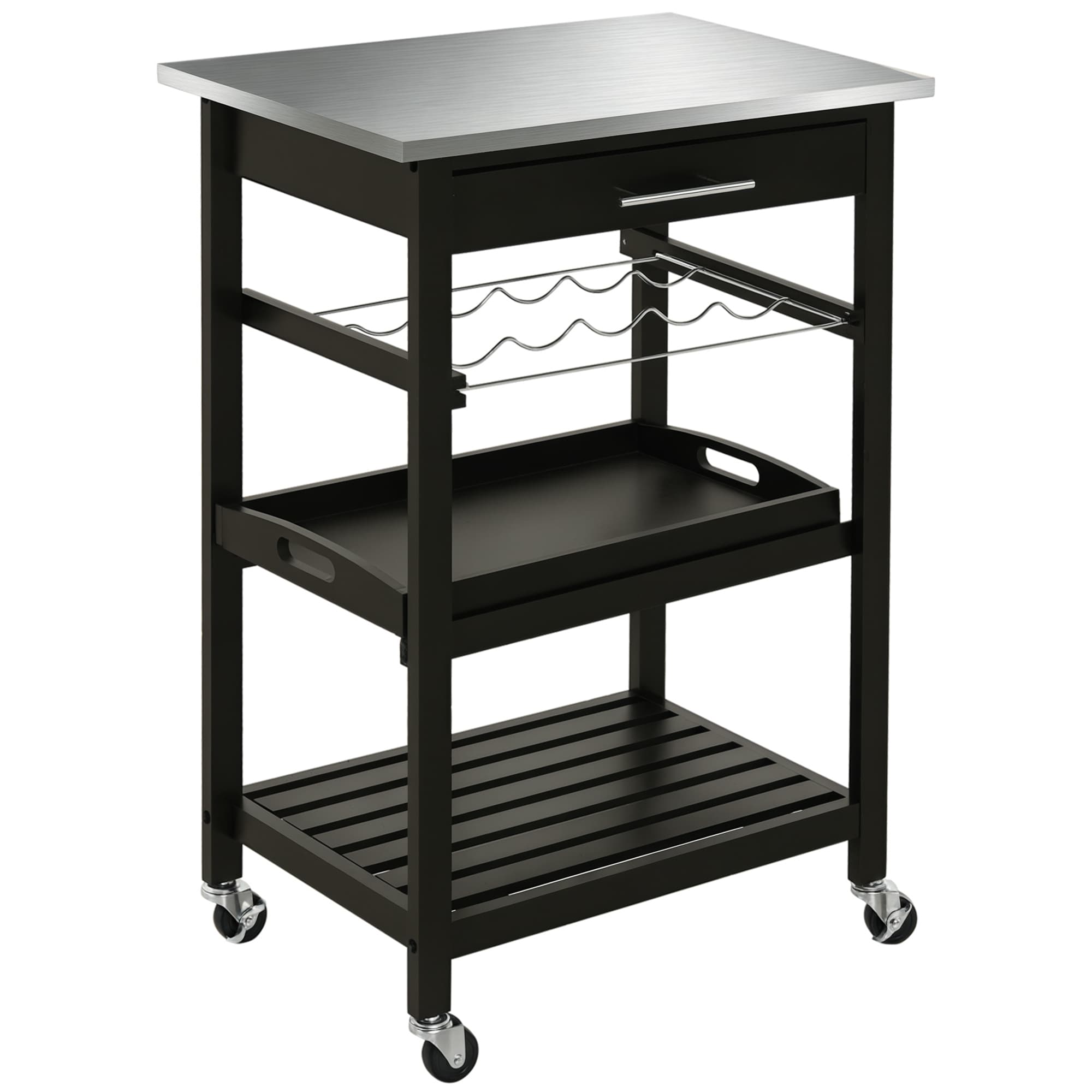 HOMCOM Desserte cuisine chariot de service à roulettes 2 étagère + tiroir + casier à vin + plateau en acier MDF 60 x 40 x 85 cm Noir