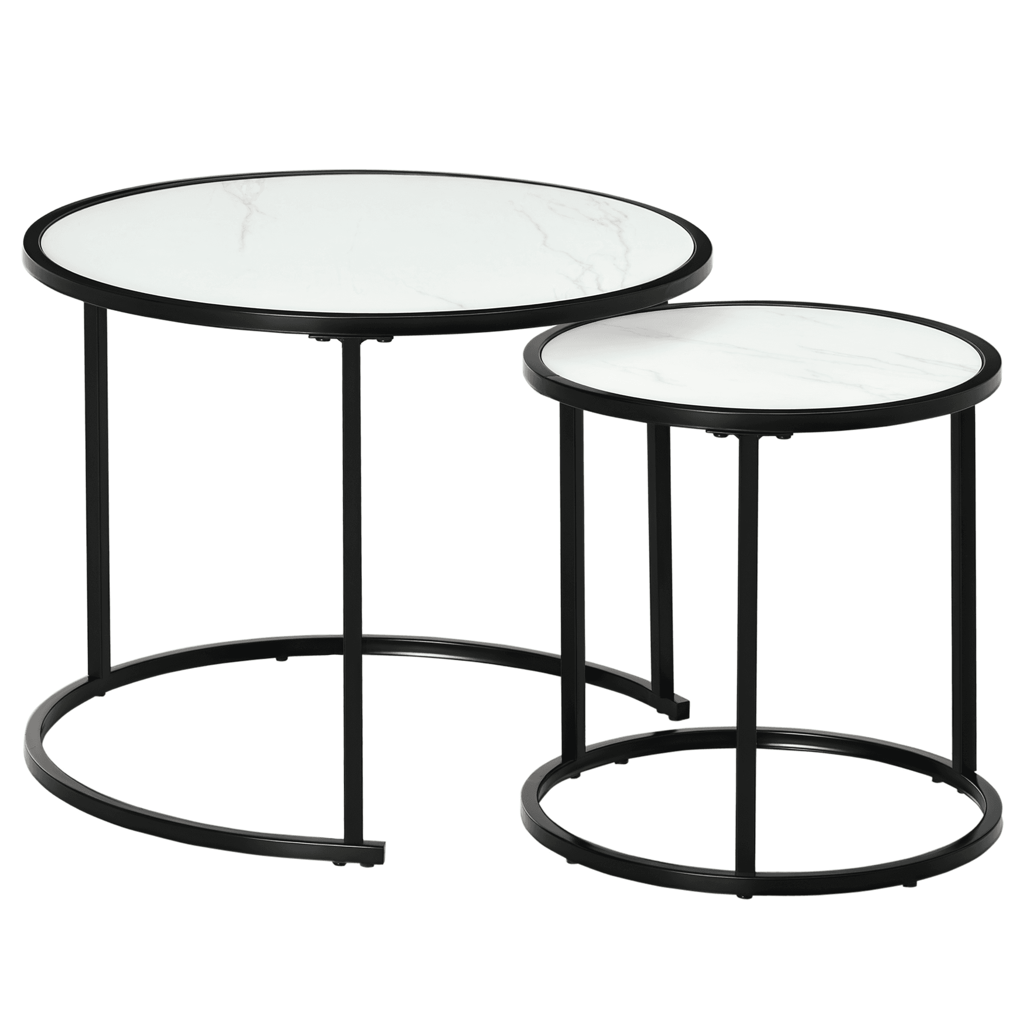HOMCOM Lot de 2 Tables Basses Rondes gigogne empilables Plateau en bois aspect marbre et Pieds en métal Noir