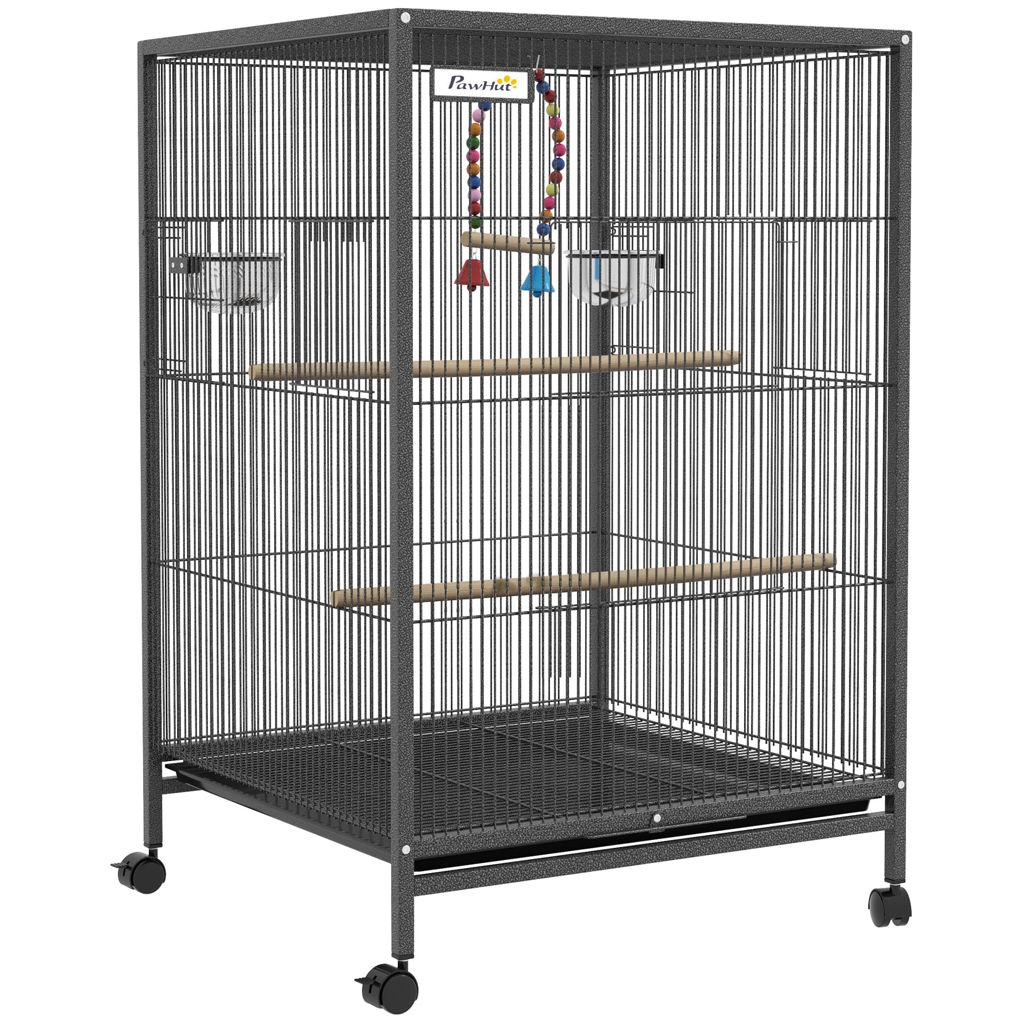 PawHut Cage oiseau sur pied cage sur roulettes avec balançoire, perchoirs et plateau coulissant 48 x 46 x 74 cm en acier noir