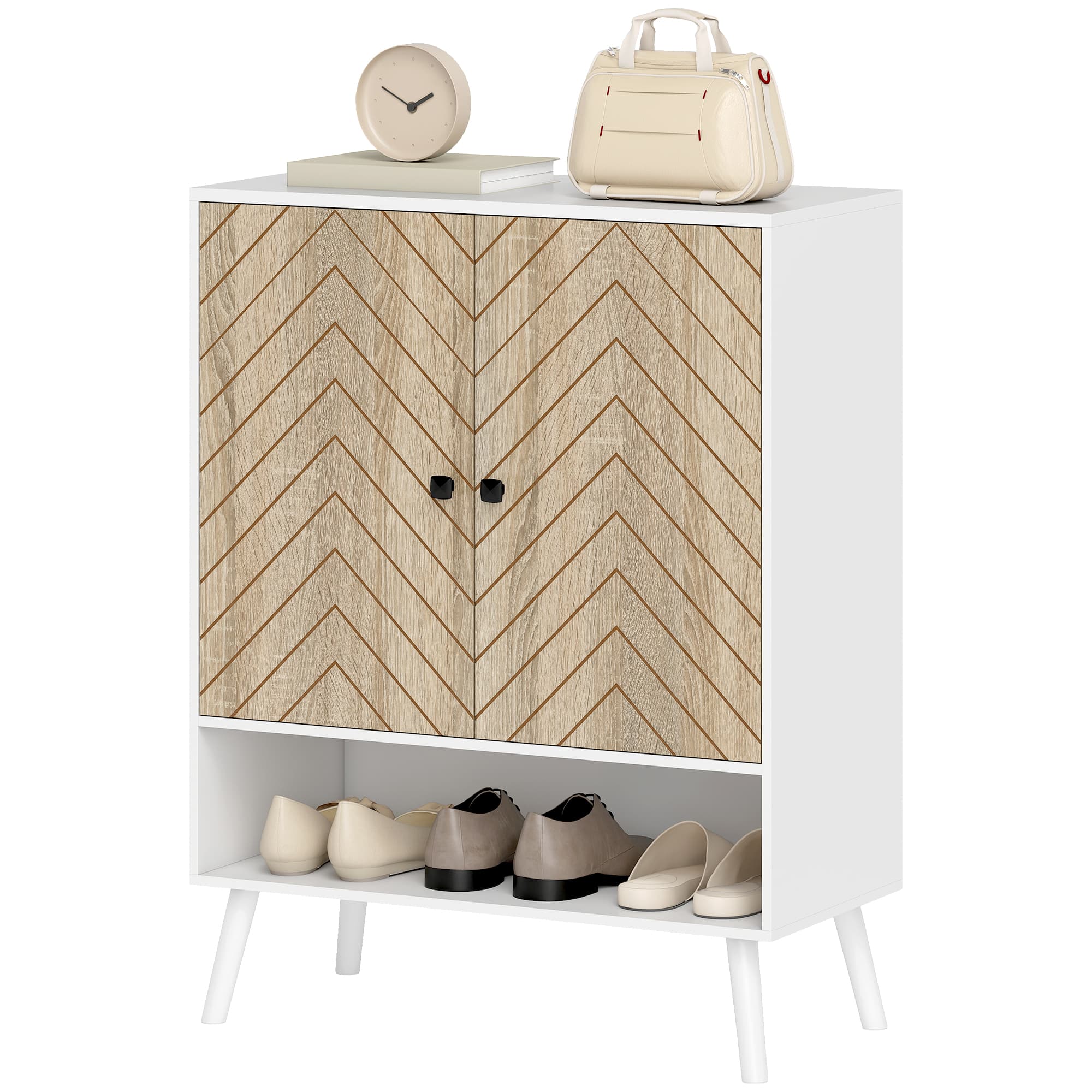 HOMCOM Meuble à Chaussures d'Entrée avec Etagères Ajustables Compartiment Ouvert pour 15 Paires de Chaussures Blanc et Naturel
