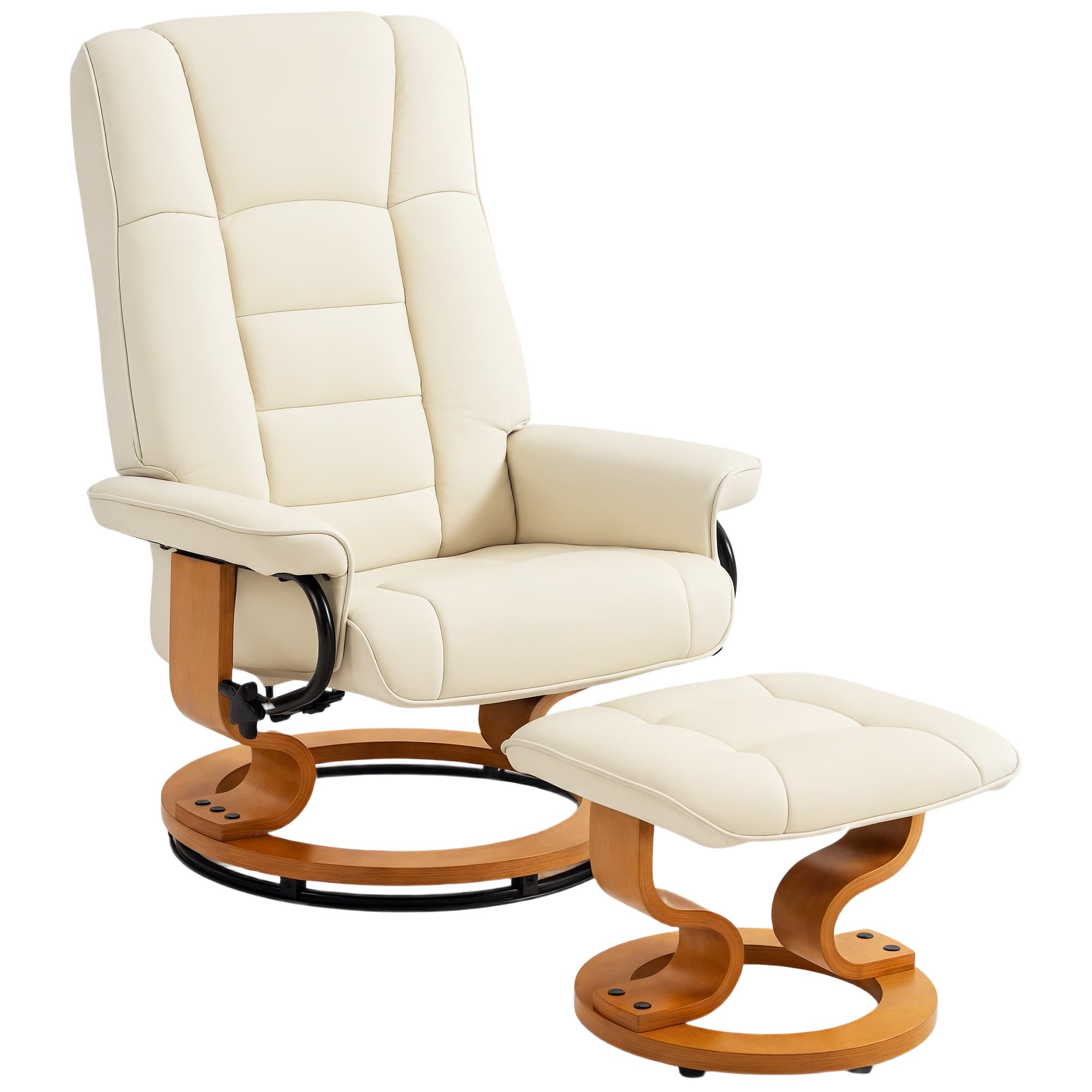 HOMCOM Fauteuil de relaxation inclinable avec repose-pied, pivotant, cadre en bois , revêtement synthétique crème