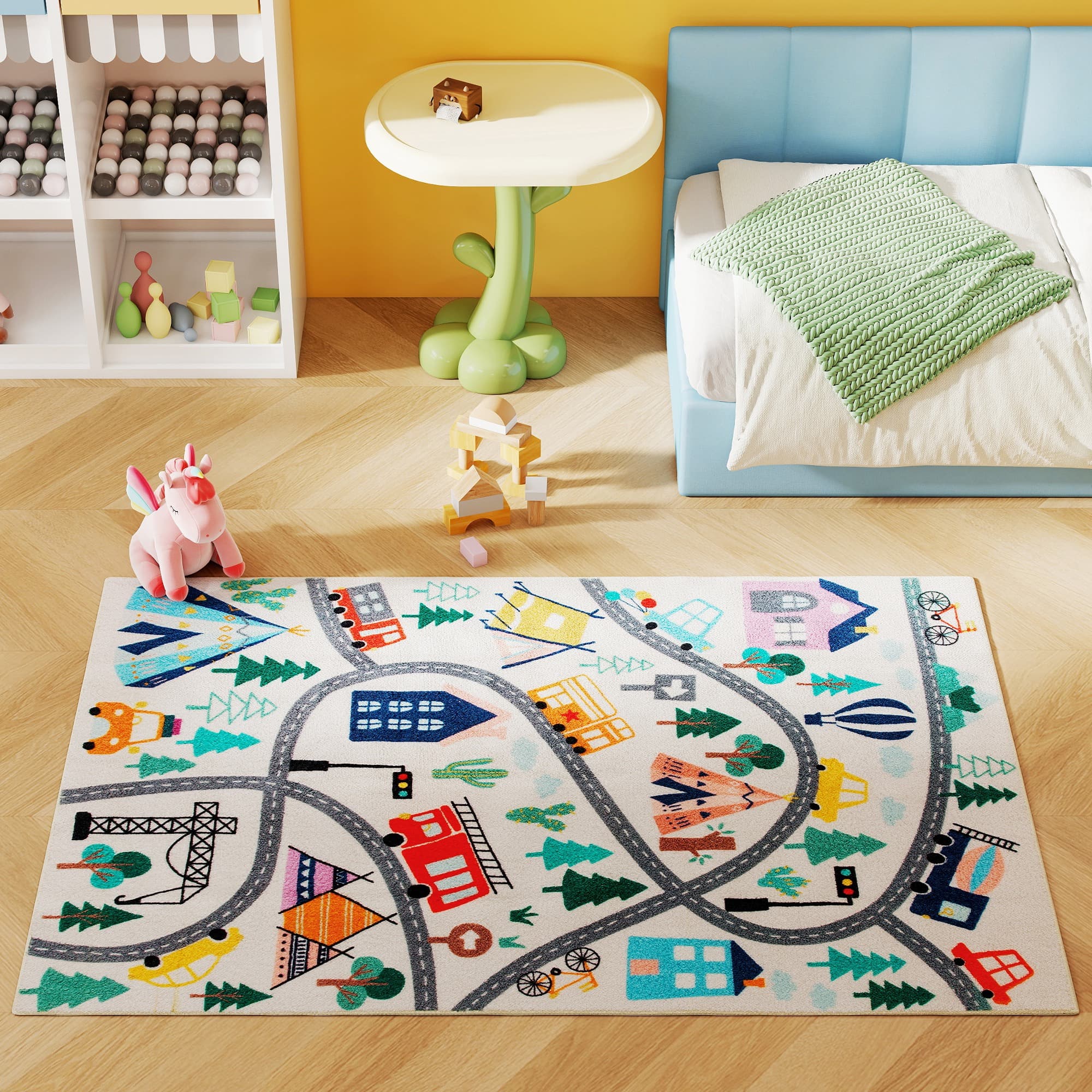 HOMCOM Tapis à motif autoroute, fond blanc, fausse fourrure douce, facile à entretenir, Multicolore