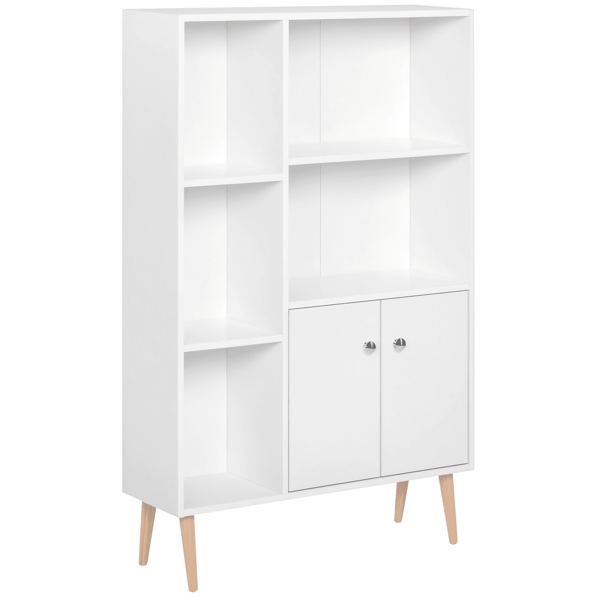 HOMCOM Bibliothèque scandinave dim. 80L x 23,5l x 123H cm 5 niches Placard 2 Portes Pieds effilés inclinés Bois Massif Panneaux Particules Blanc