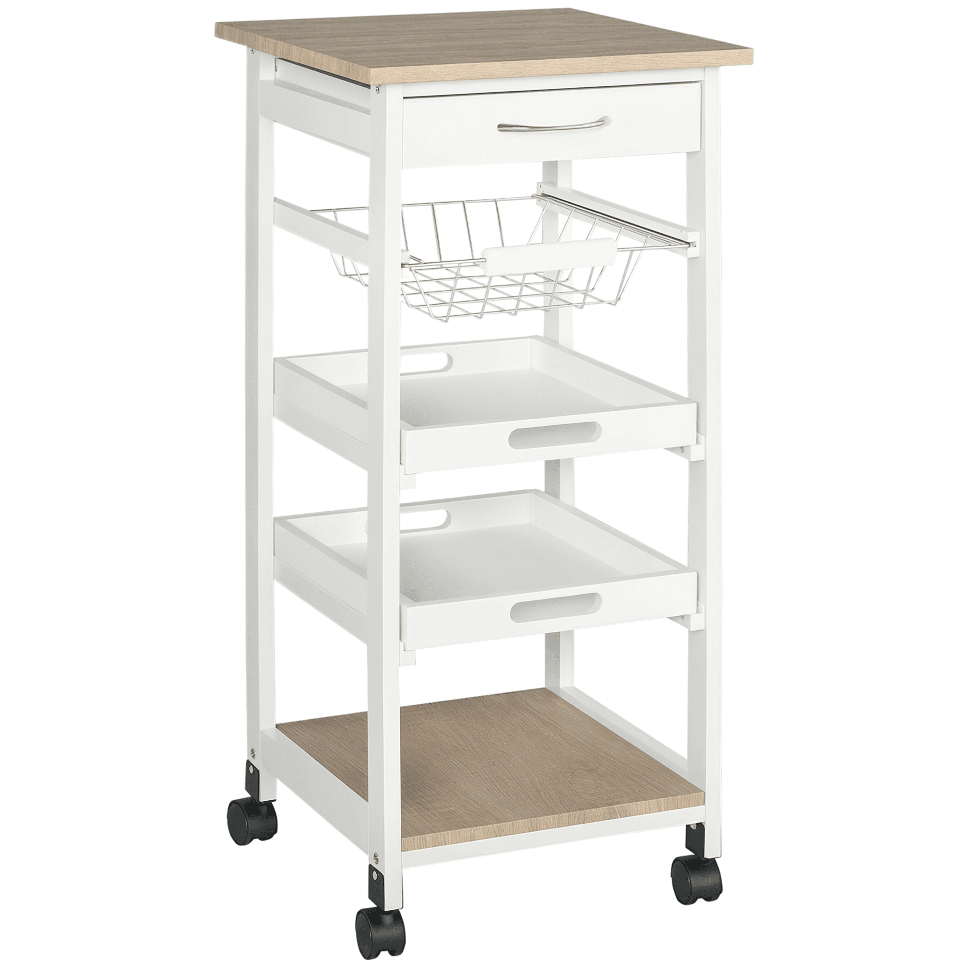 HOMCOM Chariot de service desserte de cuisine à roulettes panier + 2 plateaux amovibles, tiroir, étagère MDF chêne clair bois pin blanc