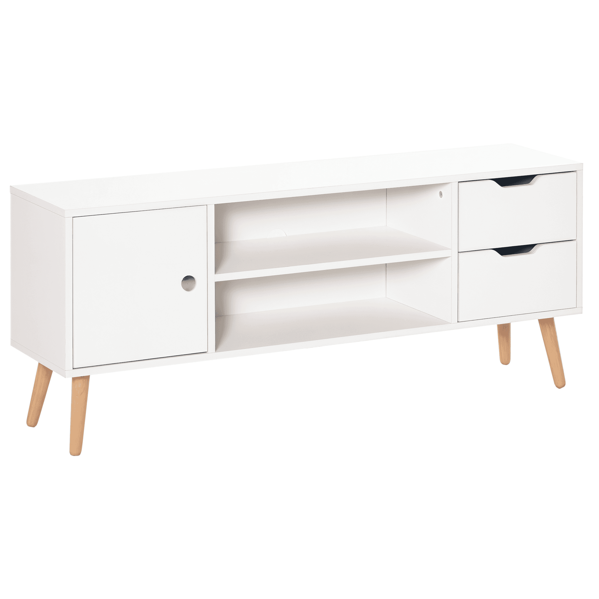 HOMCOM Meuble TV banc TV style scandinave placard 2 niches 2 tiroirs passe-fils panneaux particules blanc bois pin