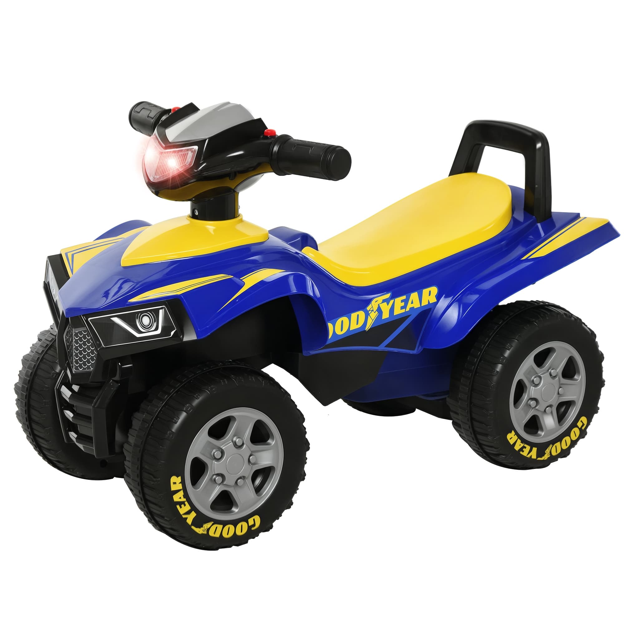 HOMCOM Porteur Enfant Voiture Enfant Quad 18-36 Mois dim. 60L x 31l x 42H cm Effets Lumineux et sonore Bleu Jaune
