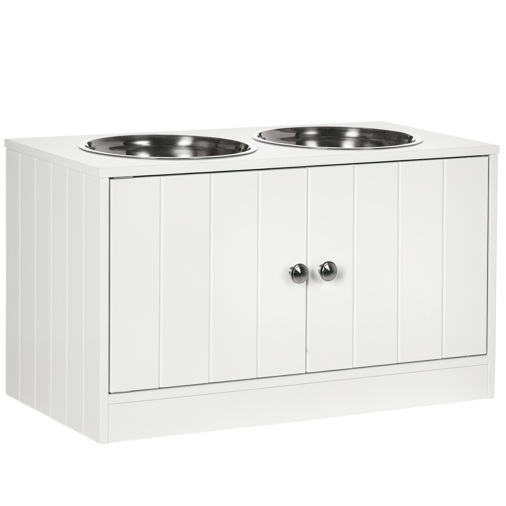 PawHut Gamelle Surélevée Double en Bois Blanc Grande Capacité avec 2 Bols Inox 2L pour Chiens/Chats Aosom France