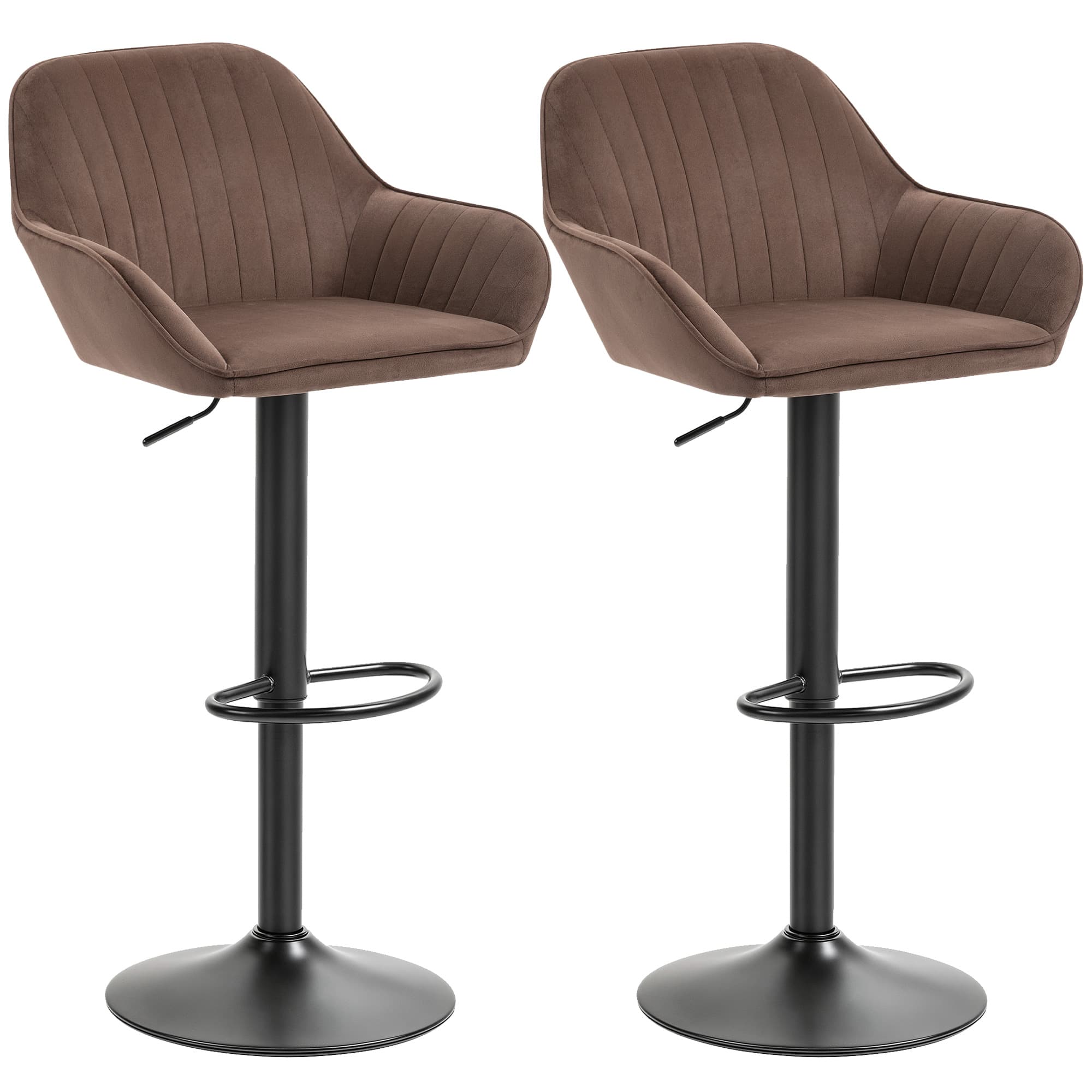 HOMCOM Ensemble de 2 Tabourets de Bar Giratoires Hauteur Réglable 87-107 cm Tapissé en Velours Dossier et Repose-Pieds Marron
