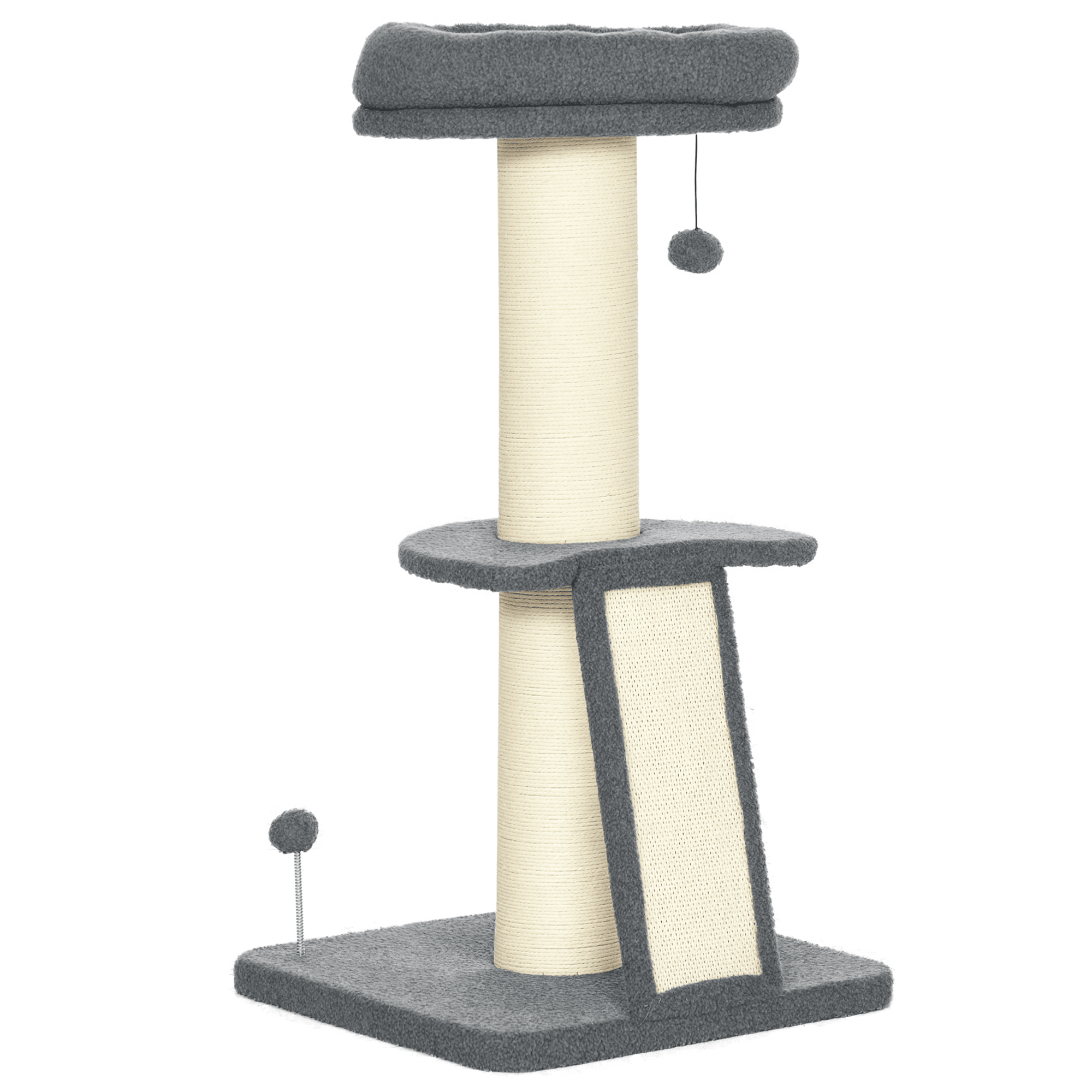PawHut Arbre à chat avec griffoir tronc en sisal boules suspendues et plate-forme d'observation hauteur 92 cm - gris