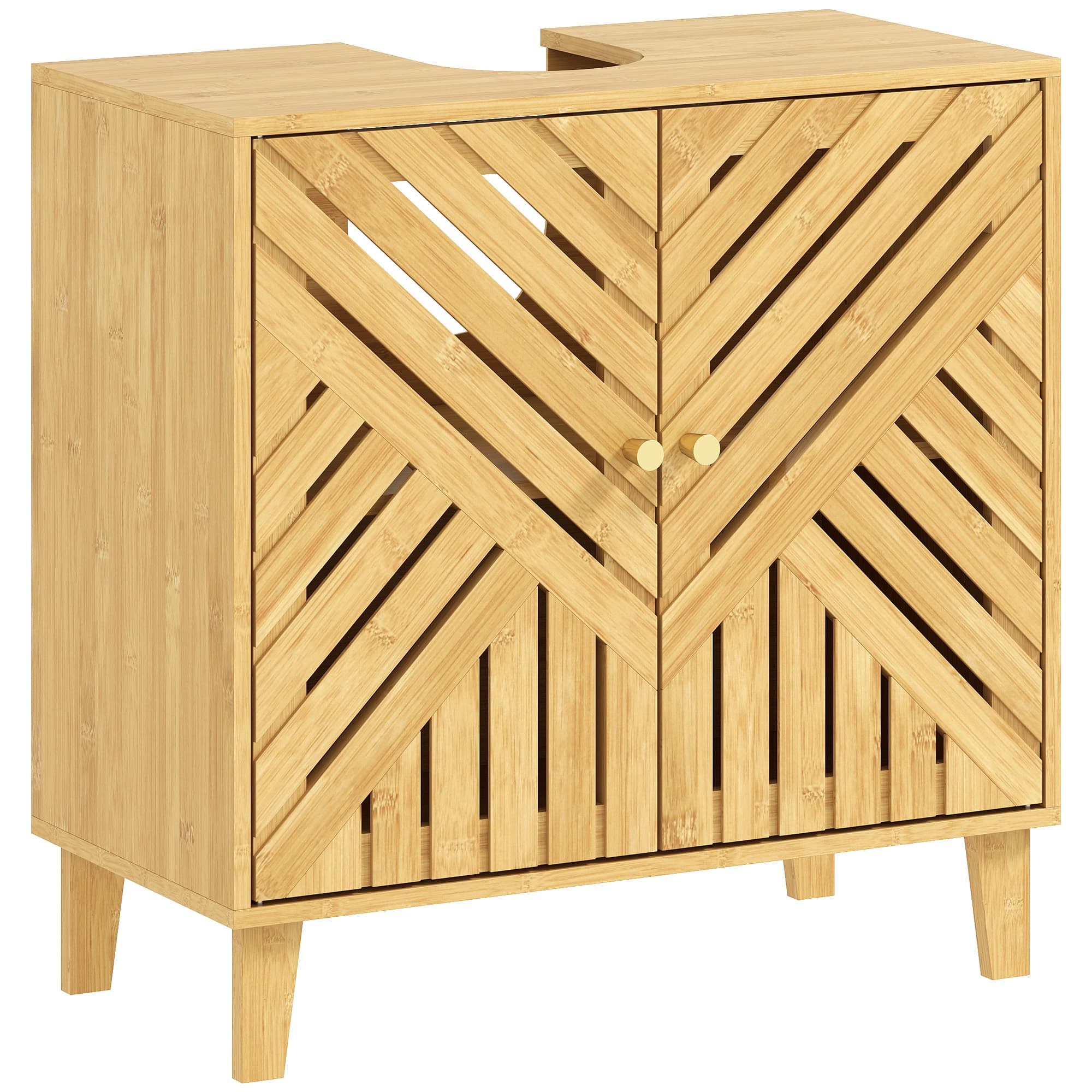 HOMCOM Meuble sous lavabo, meuble de salle de bain en bambou avec étagère réglable et portes à lattes 60 x 30 x 60 cm, naturel