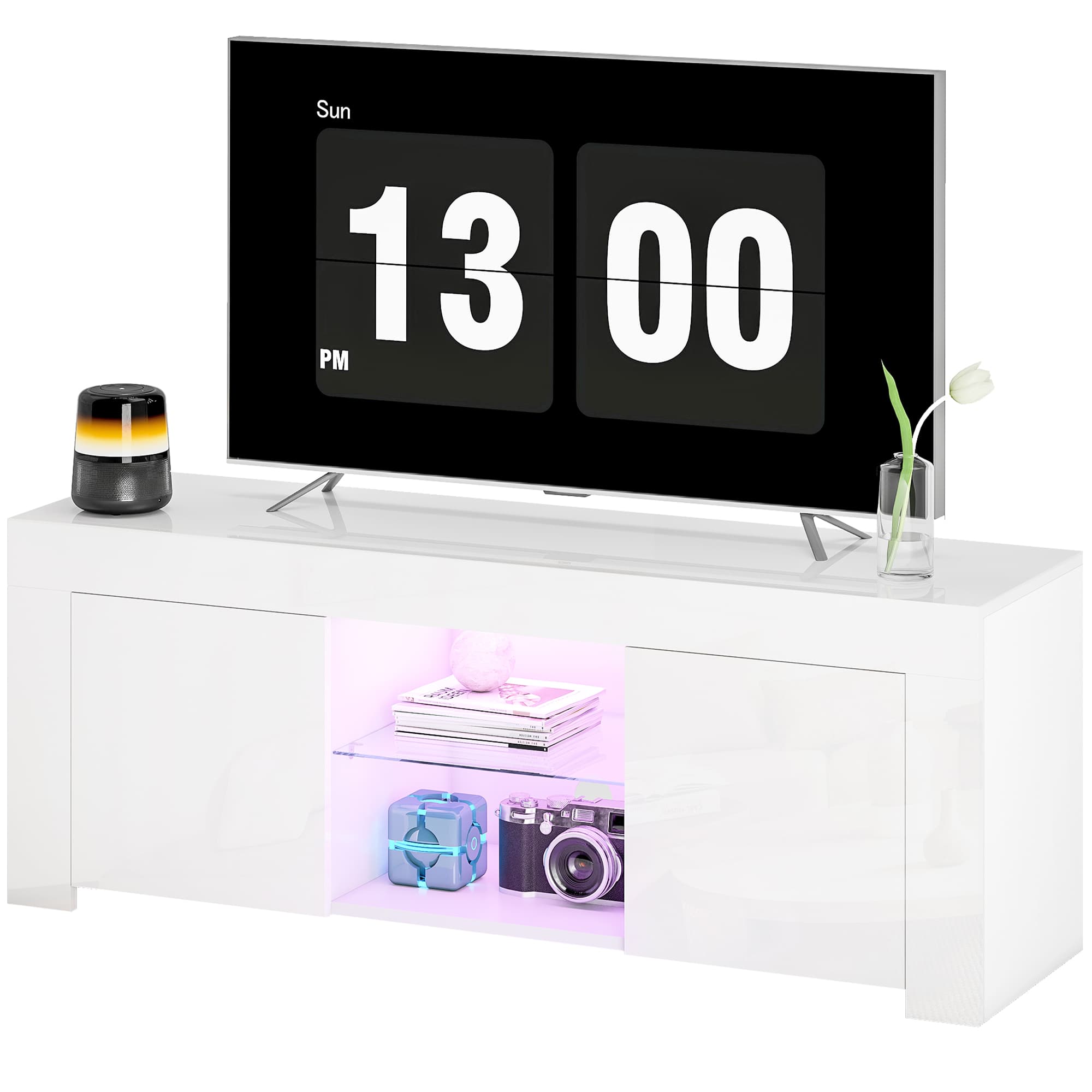 HOMCOM Meuble TV avec éclairage LED, 2 portes d'armoire, étagère en verre, passes-câbles, pour salon, aggloméré, Blanc