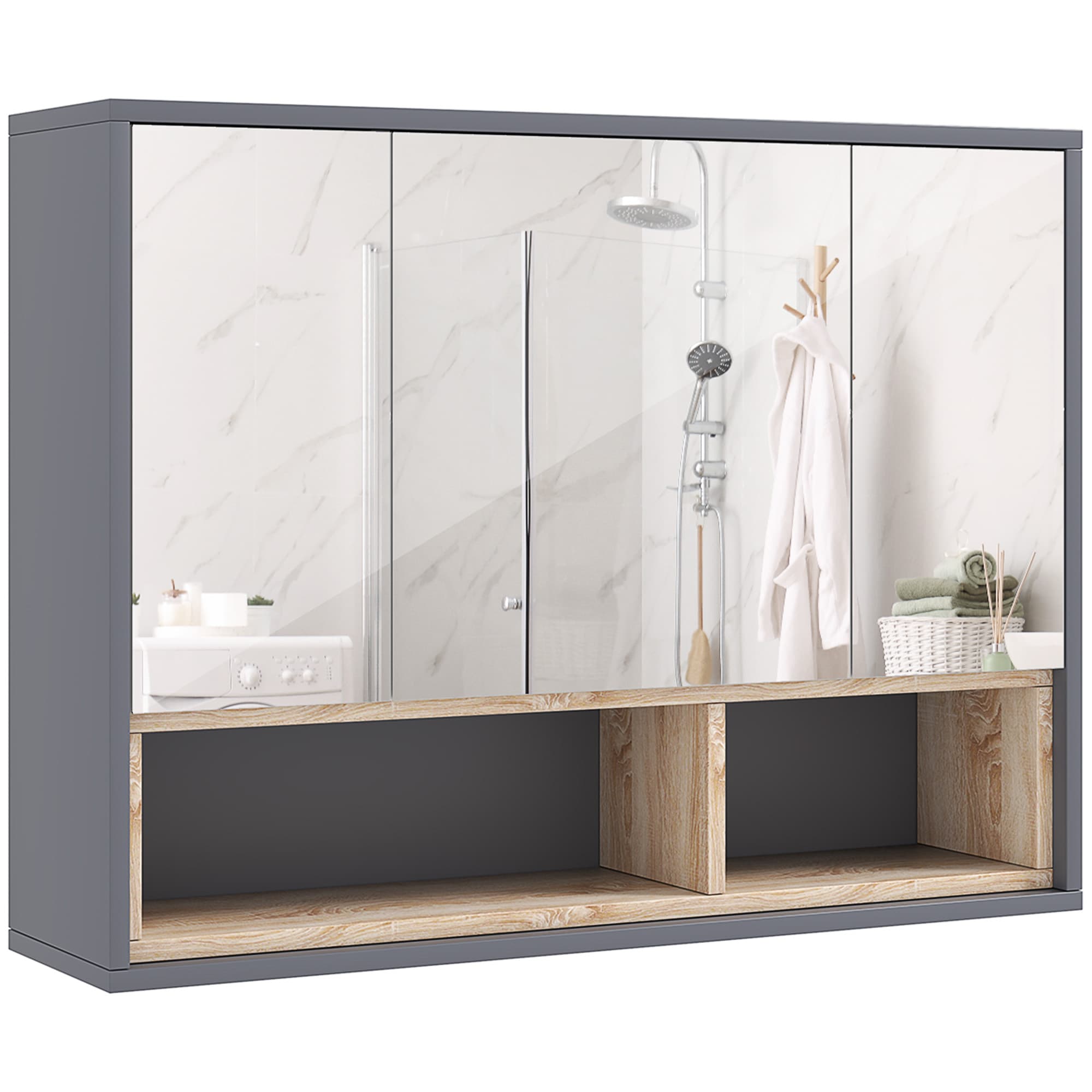 HOMCOM Meuble salle de bain avec miroir, armoire toilettes murale avec placards à 3 portes et 8 compartiments, gris