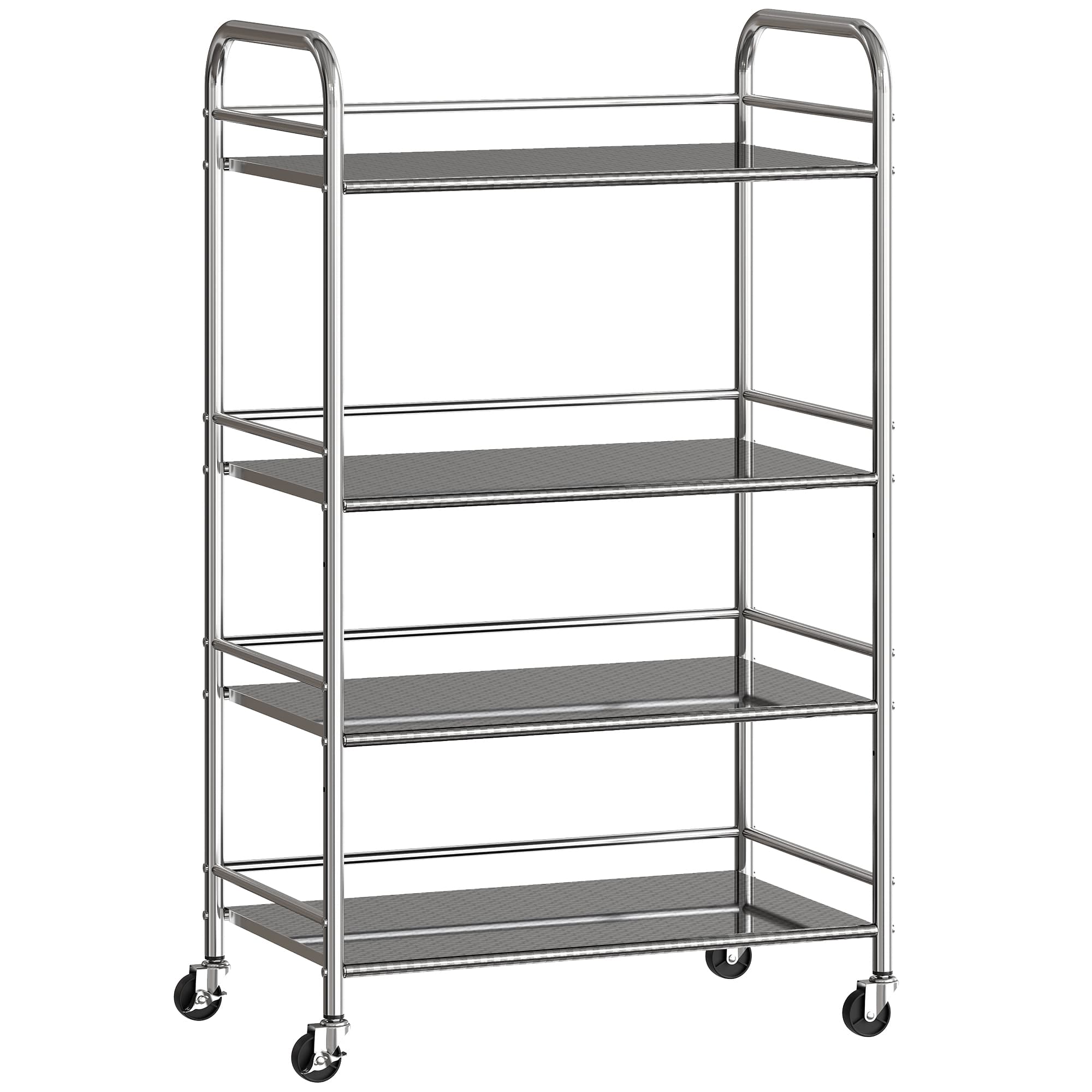 HOMCOM Desserte cuisine, chariot de service à 4 niveaux en acier inoxydable 201 avec poignées, roues, 60 x 35 x 100 cm, argenté