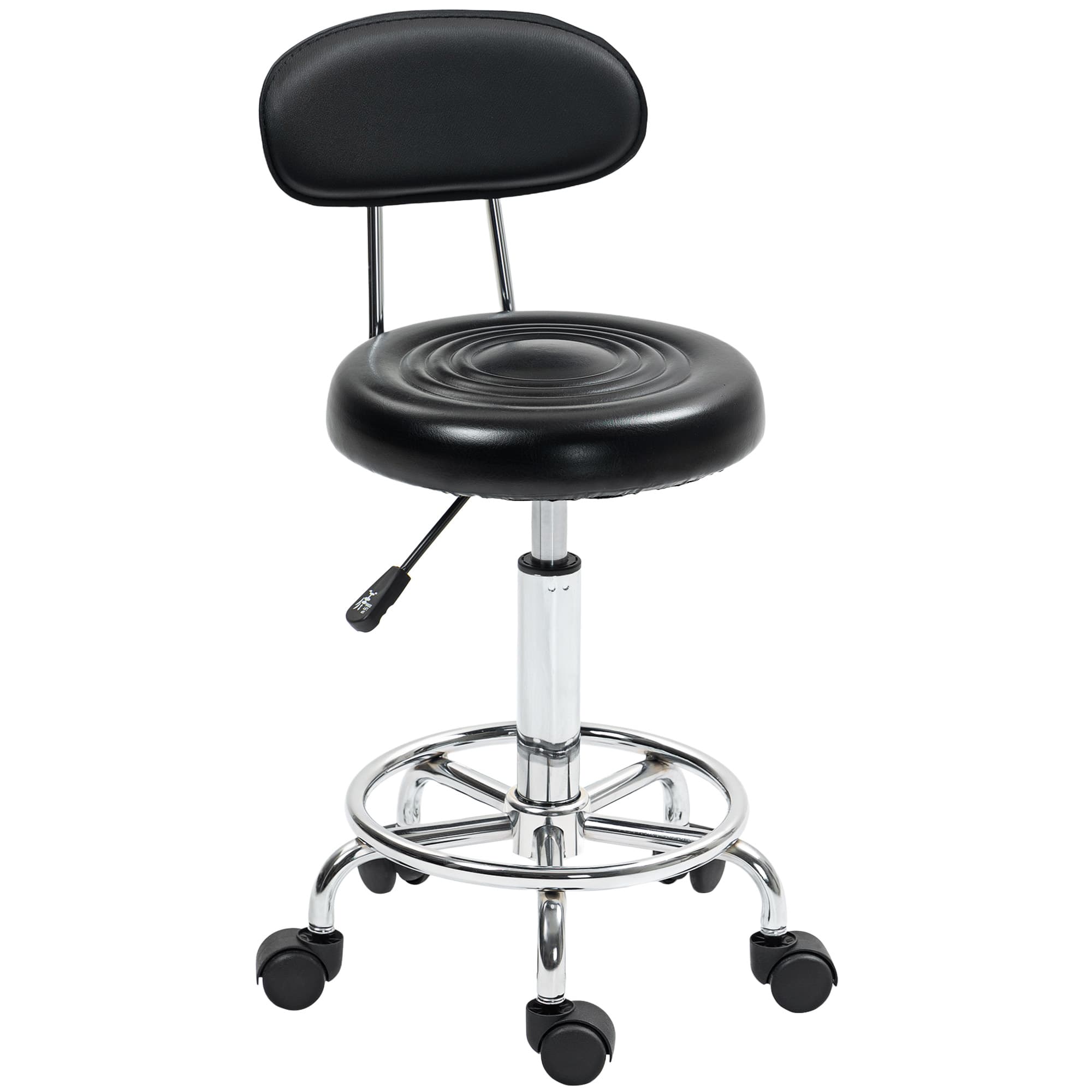 HOMCOM Tabouret à roulettes, tabouret de massage avec hauteur réglable 70-86 cm et dossier, pivotant 360°, noir