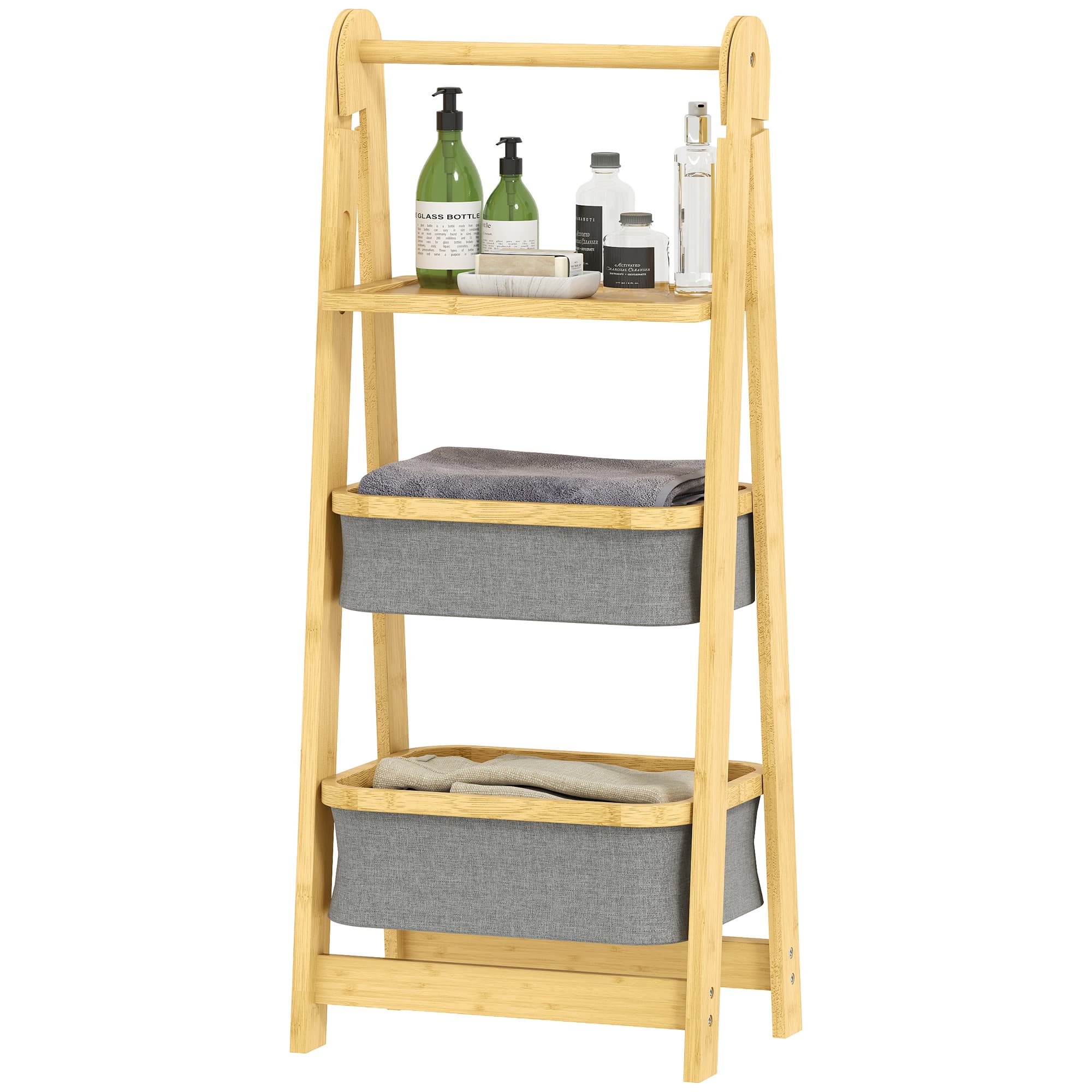 HOMCOM Etagère de Salle de Bain Pliable en Bambou avec 2 Paniers pour Linge Sale Etagère Ouverte Gris