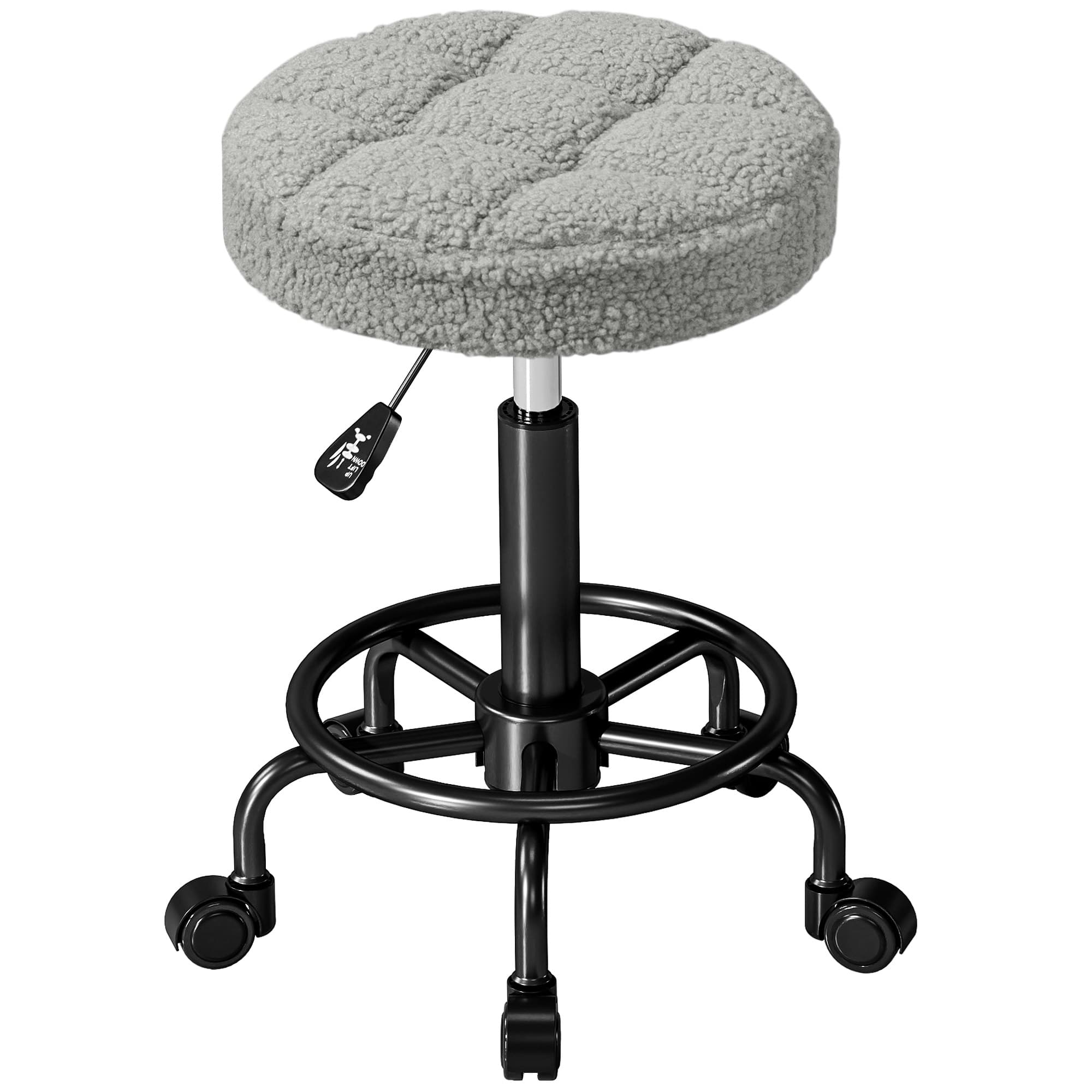 HOMCOM Tabouret Giratoire Rond Tabouret avec Roues Hauteur Réglable 50-66 cm Siège Revêtu en Tissu Pelucheux Gris