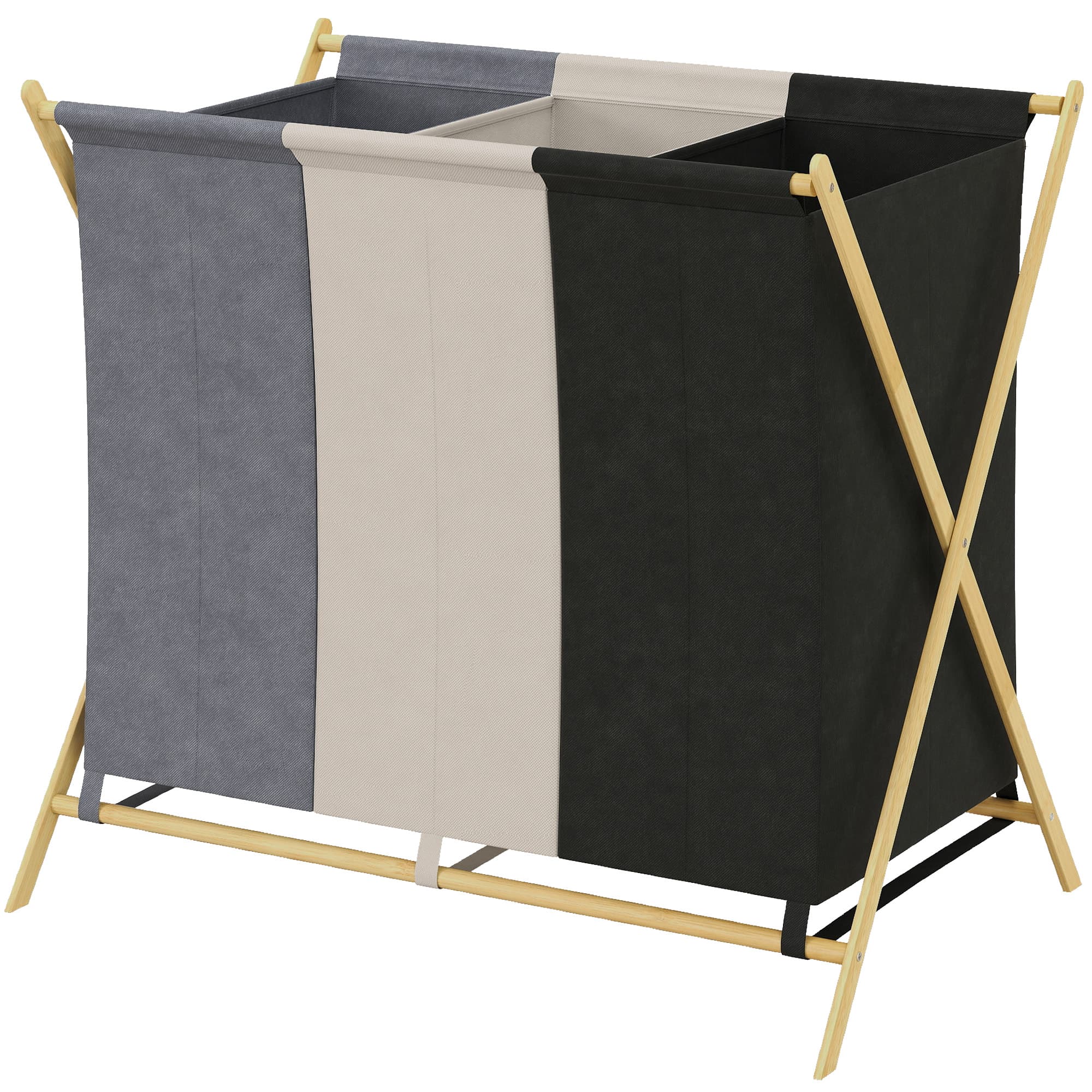 HOMCOM Panier à Linge Pliable avec 3 Compartiments Capacité 129L avec Structure en Bambou et Sacs Amovibles Multicolore