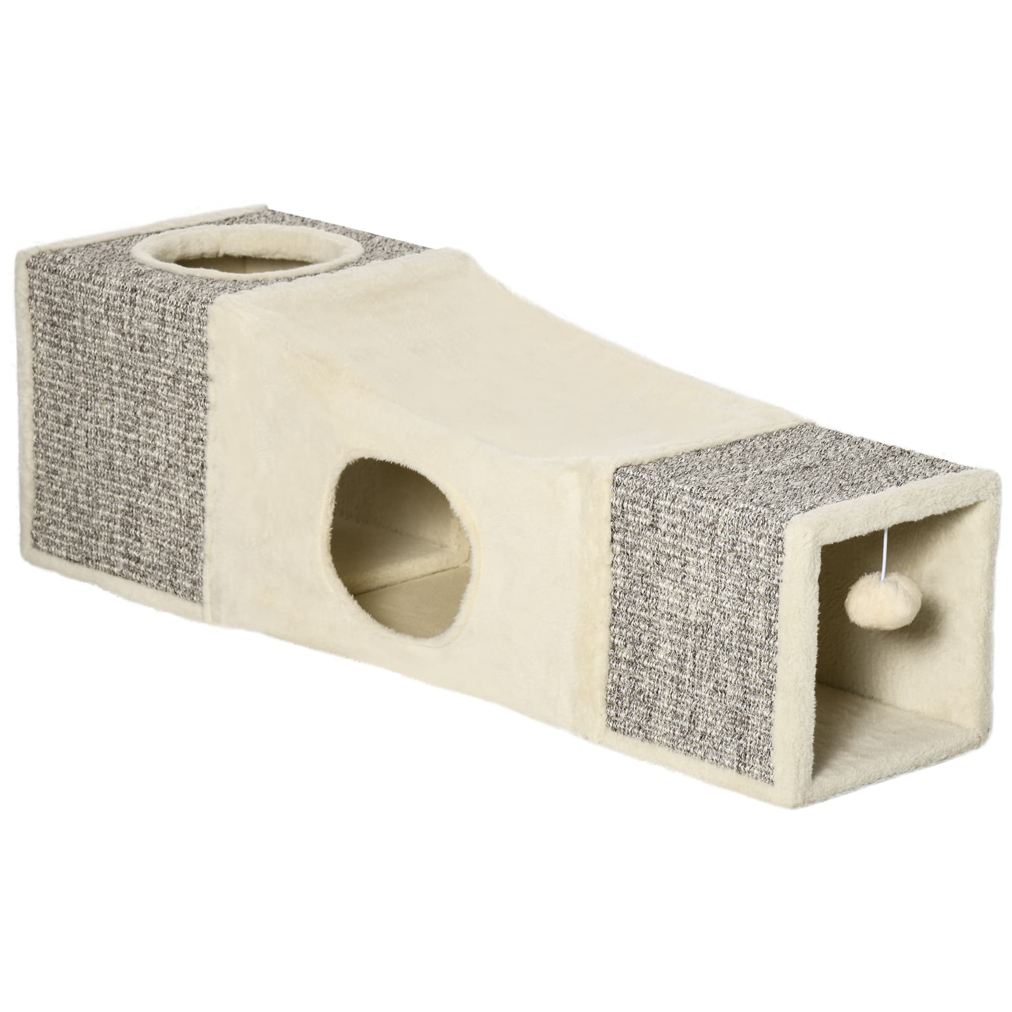 PawHut Tunnel pour chat intérieur jouets pour chats avec balle suspendue entrées multiples en sisal 98 x 30 x 30 cm crème