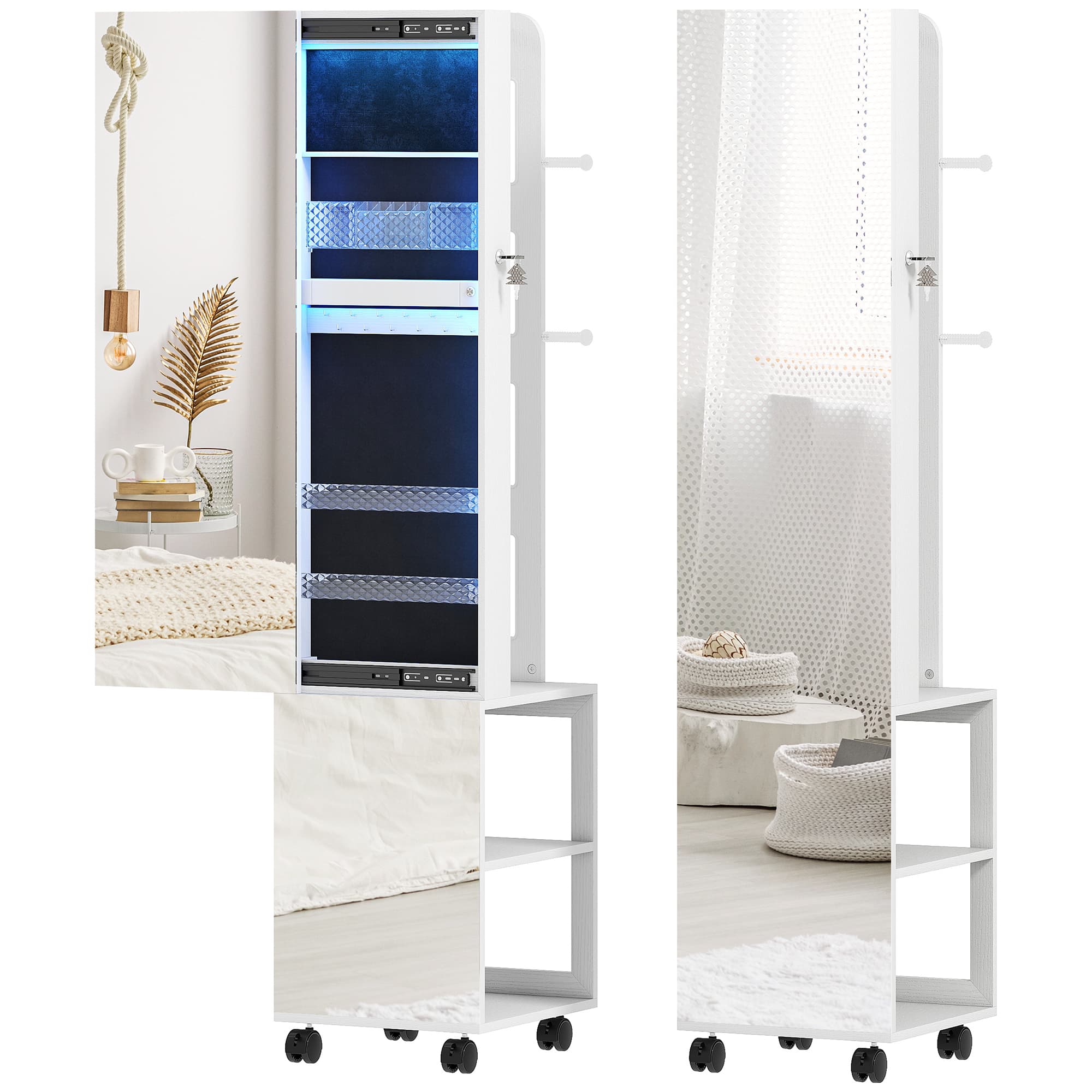 HOMCOM Armoire à bijoux armoire avec miroir sur pied pivotante à 360° éclairage LED 37x40x165,5cm cadre blanc, doublure noire