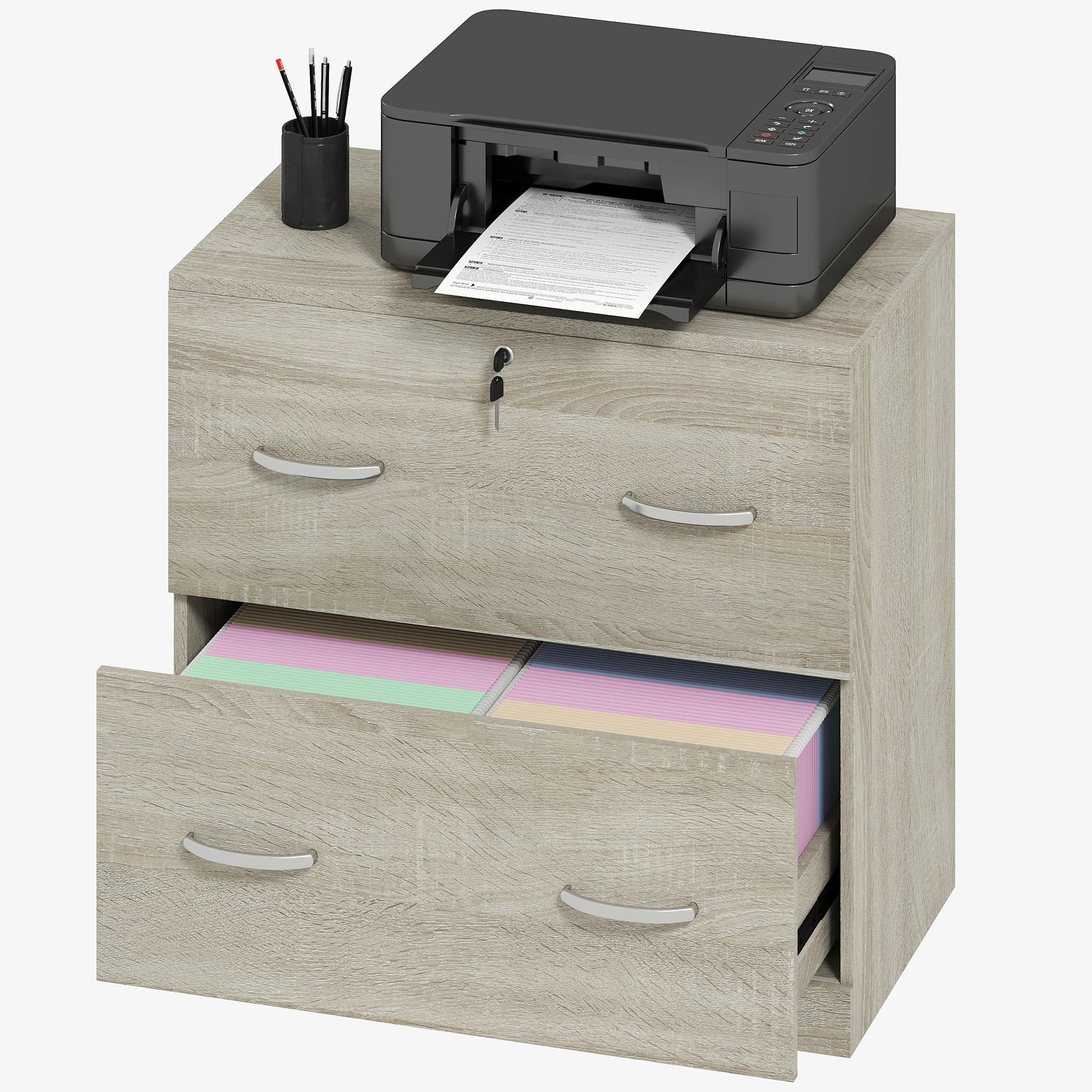 Vinsetto Classeur de Bureau avec 2 Tiroirs avec Rails pour Dossiers Suspendus pour A4 Serrure et 2 Clés 74x42x72 cm Naturel