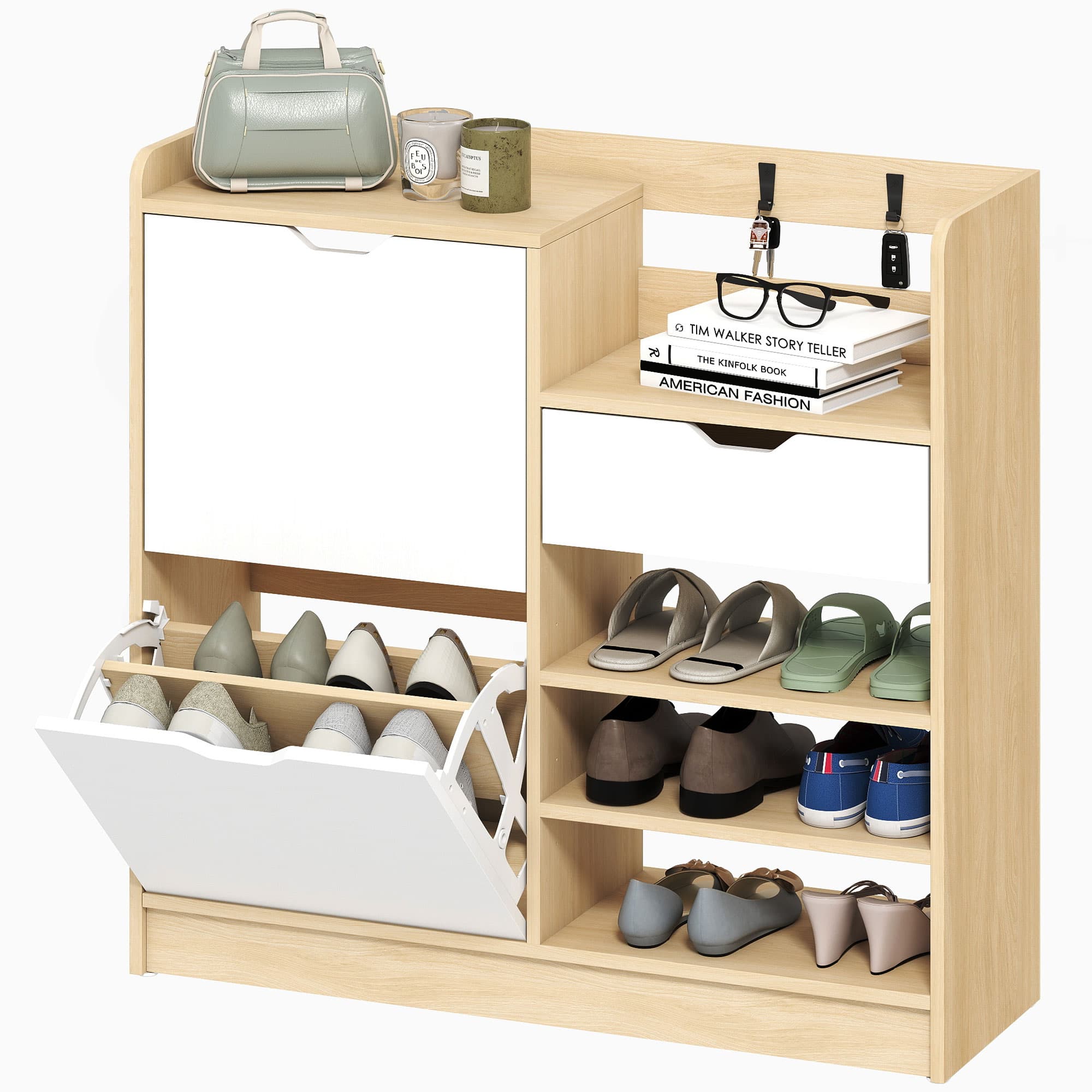 HOMCOM Range-Chaussures d'Entrée avec Tiroir Étagères Ouvertes 4 Crochets pour 14 Paires de Chaussures Naturel et Blanc