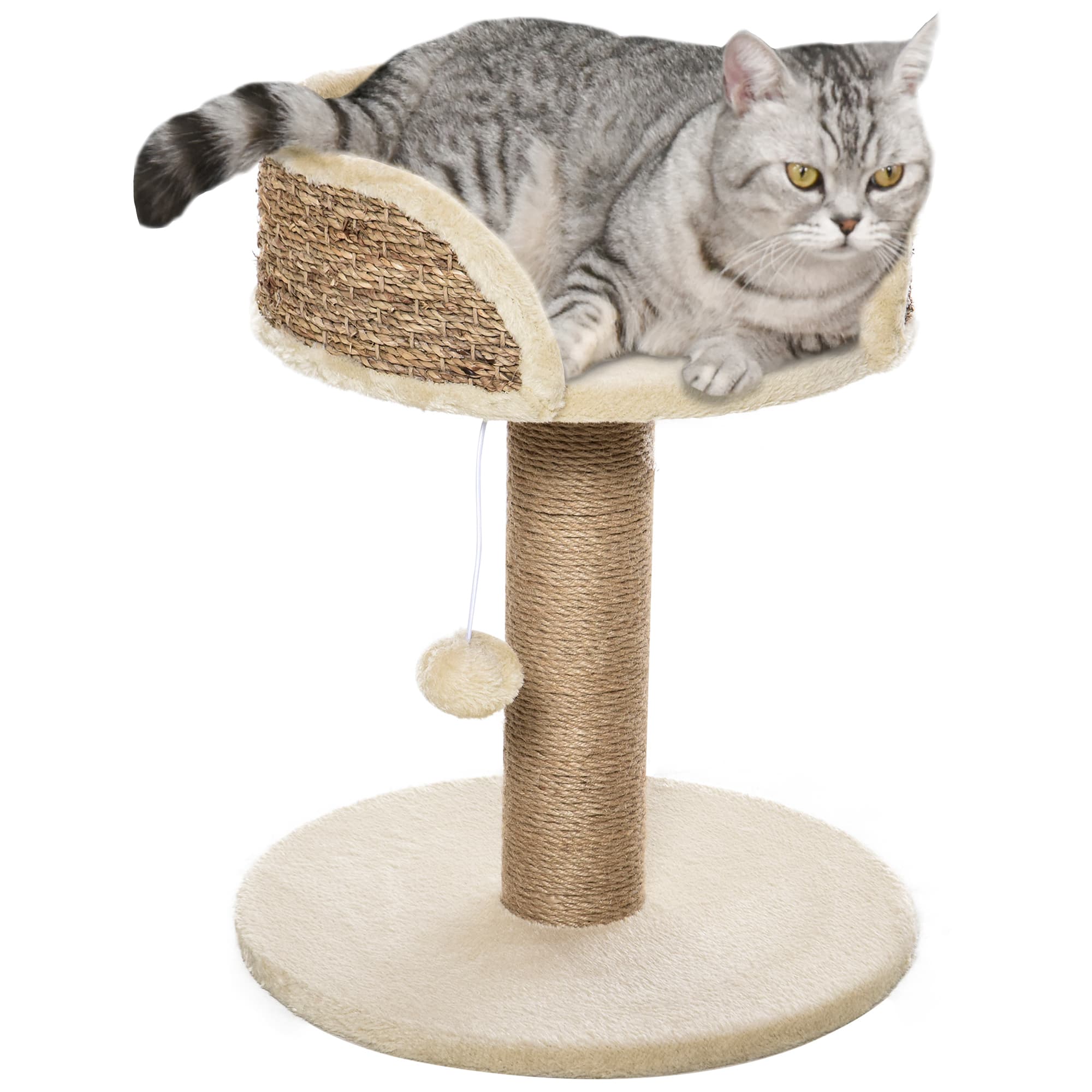 PawHut Arbre à chat Arbre à chat action Arbre à chat bas avec Jeu Pompon et Plateforme Peluche Sisal Beige 40x40x49cm Aosom France