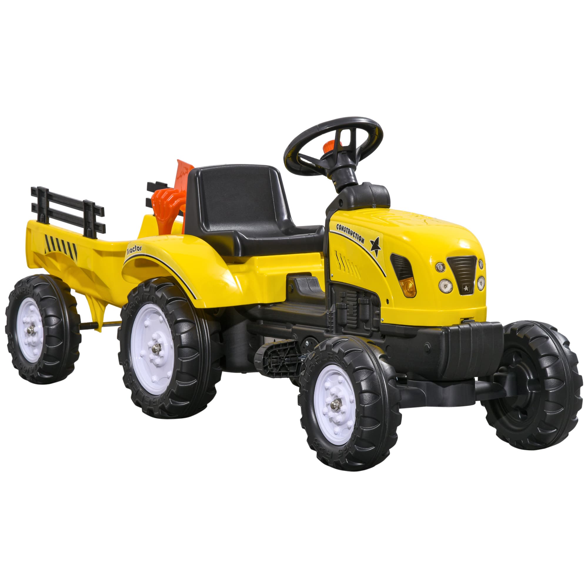 HOMCOM Porteur tracteur enfants avec remorque, râteau et pelle, tracteur à pédales 6 roues, charge 35 kg, pour 3+ ans, jaune