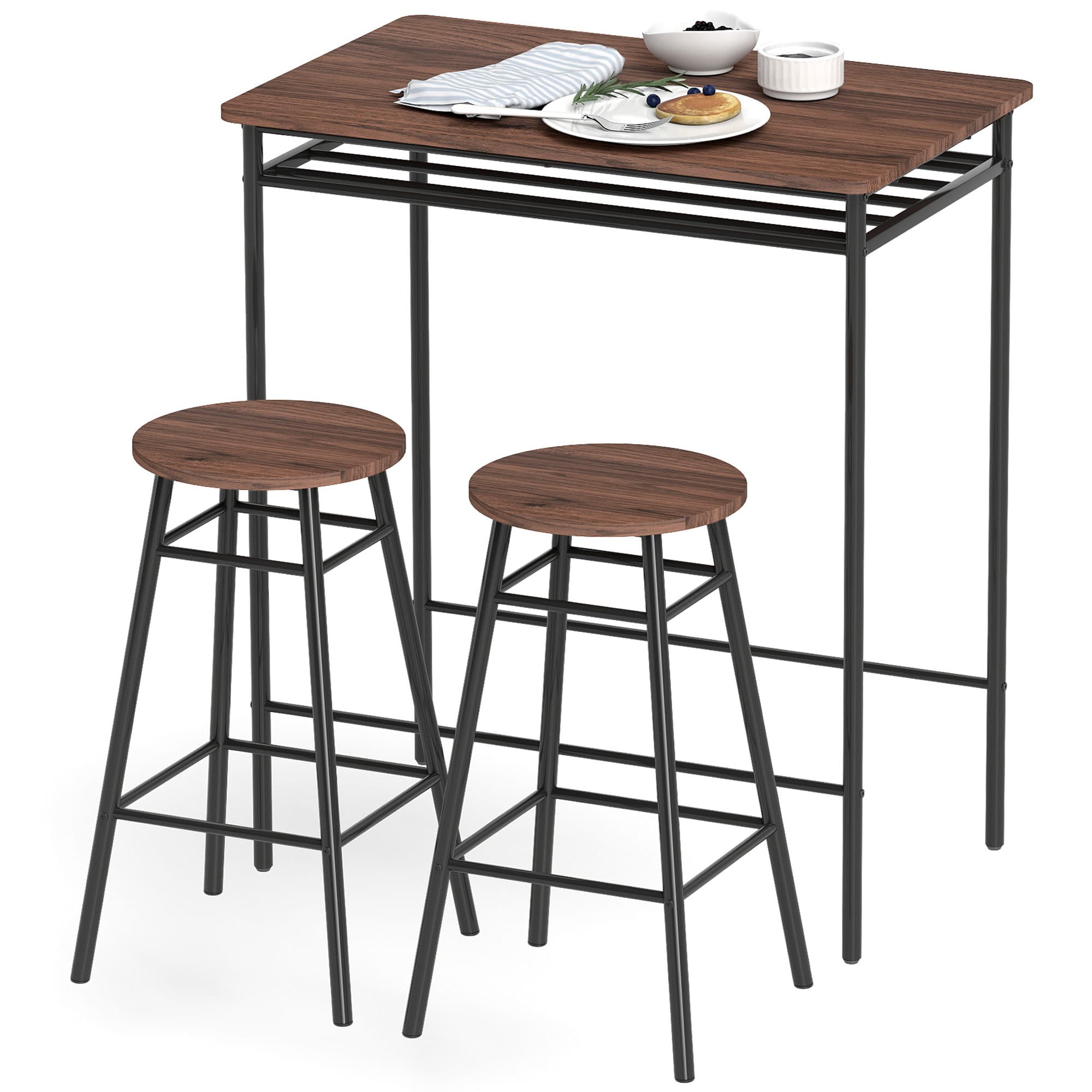 HOMCOM Table Haute de Cuisine avec 2 Tabourets Industriels Étagère Ouverte Repos-Pieds Gain de Place pour Espaces Réduits